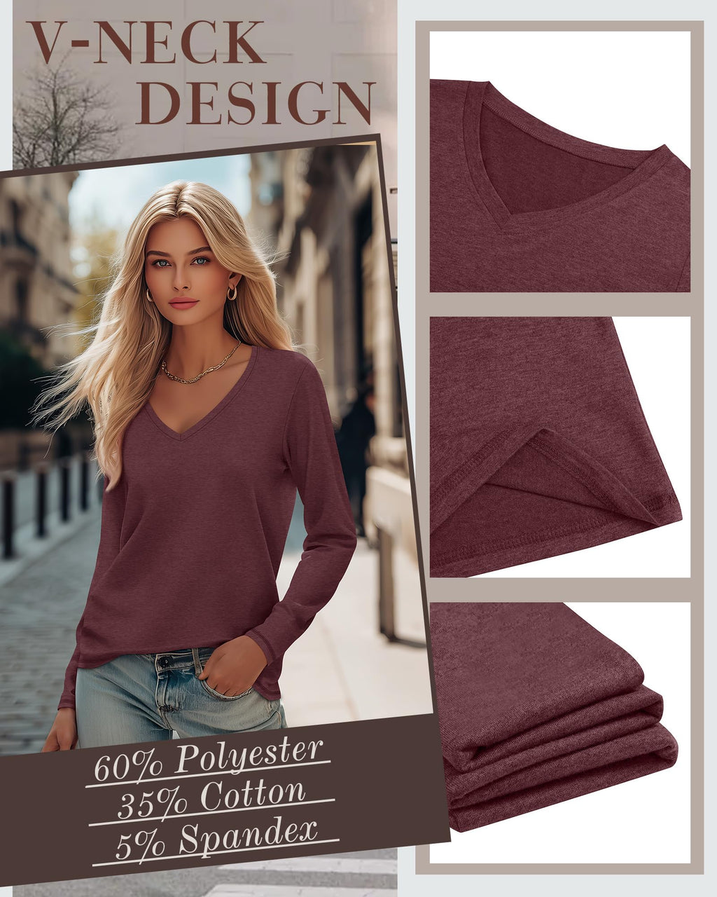 Velvelhall 4 Pack Women's Long Sleeve V Neck Shirts, Casual Loose Fit Tees Basic Tunic Tops Trendy Fall T-Shirts Outfits(Black, Gray, Navy Blue, Wine Red,Small)