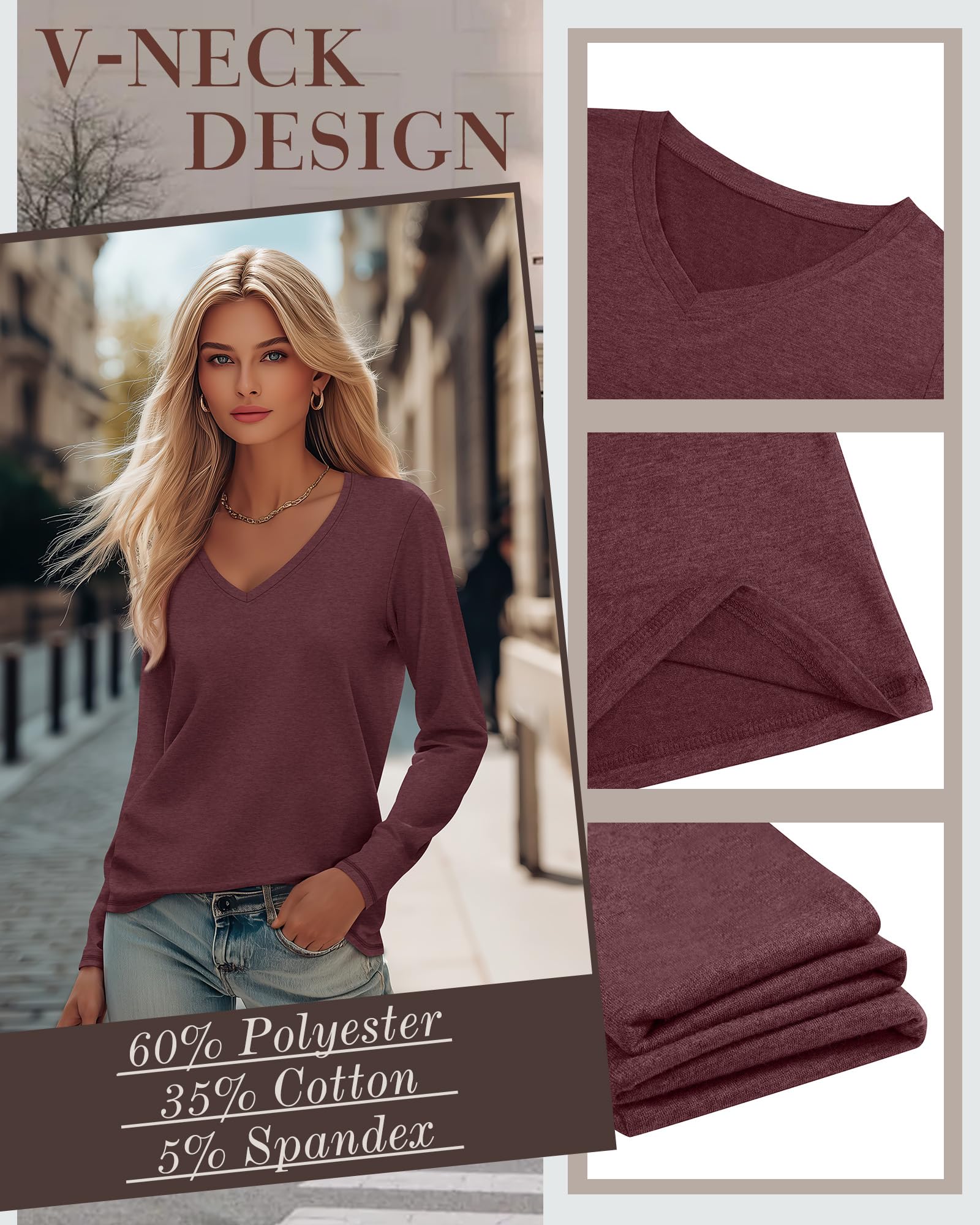 Velvelhall 4 Pack Women's Long Sleeve V Neck Shirts, Casual Loose Fit Tees Basic Tunic Tops Trendy Fall T-Shirts Outfits(Black, Gray, Navy Blue, Wine Red,Small)
