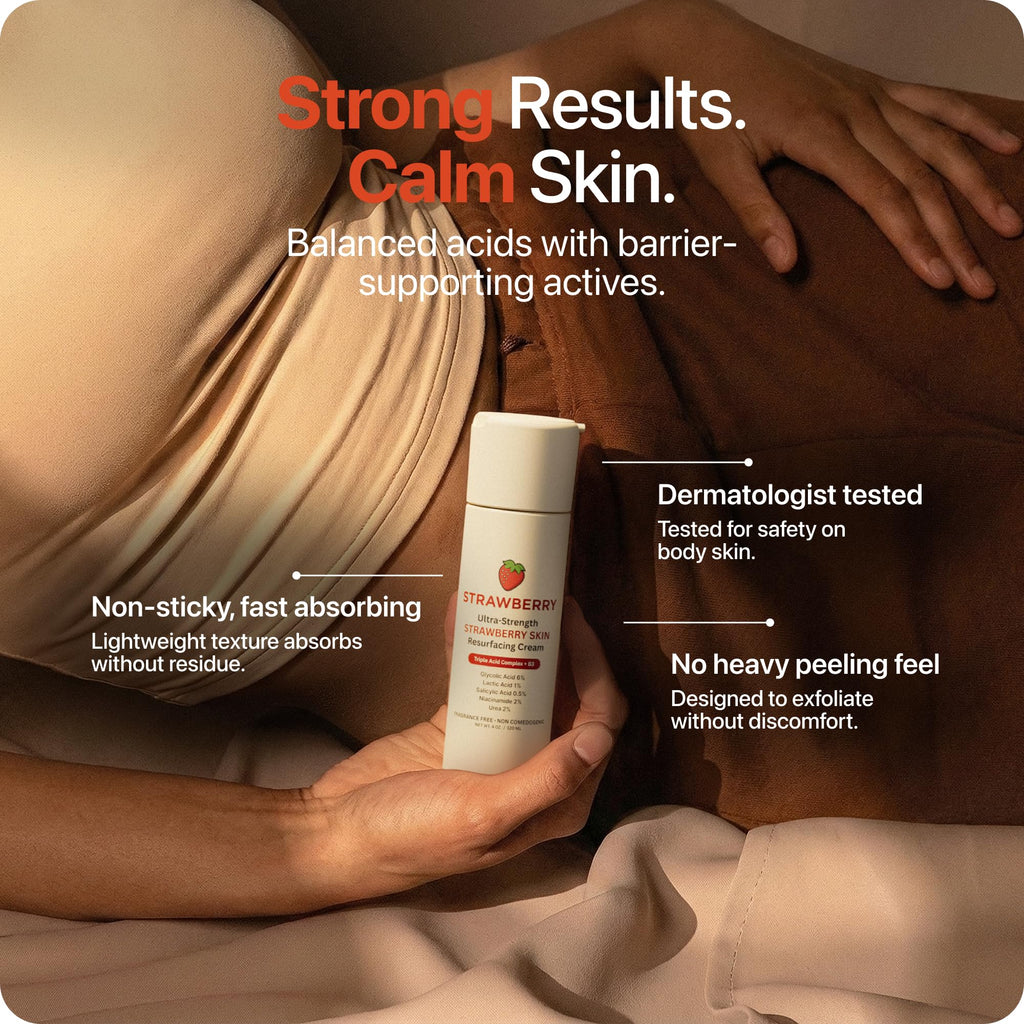 Strawberry® Resurfacing Cream for Keratosis Pilaris - KP Bump Eraser for Strawberry Skin - Exfoliating Lotion with Glycolic, Lactic & Salicylic Acid - Remover for Rough & Bumpy Skin 4 oz
