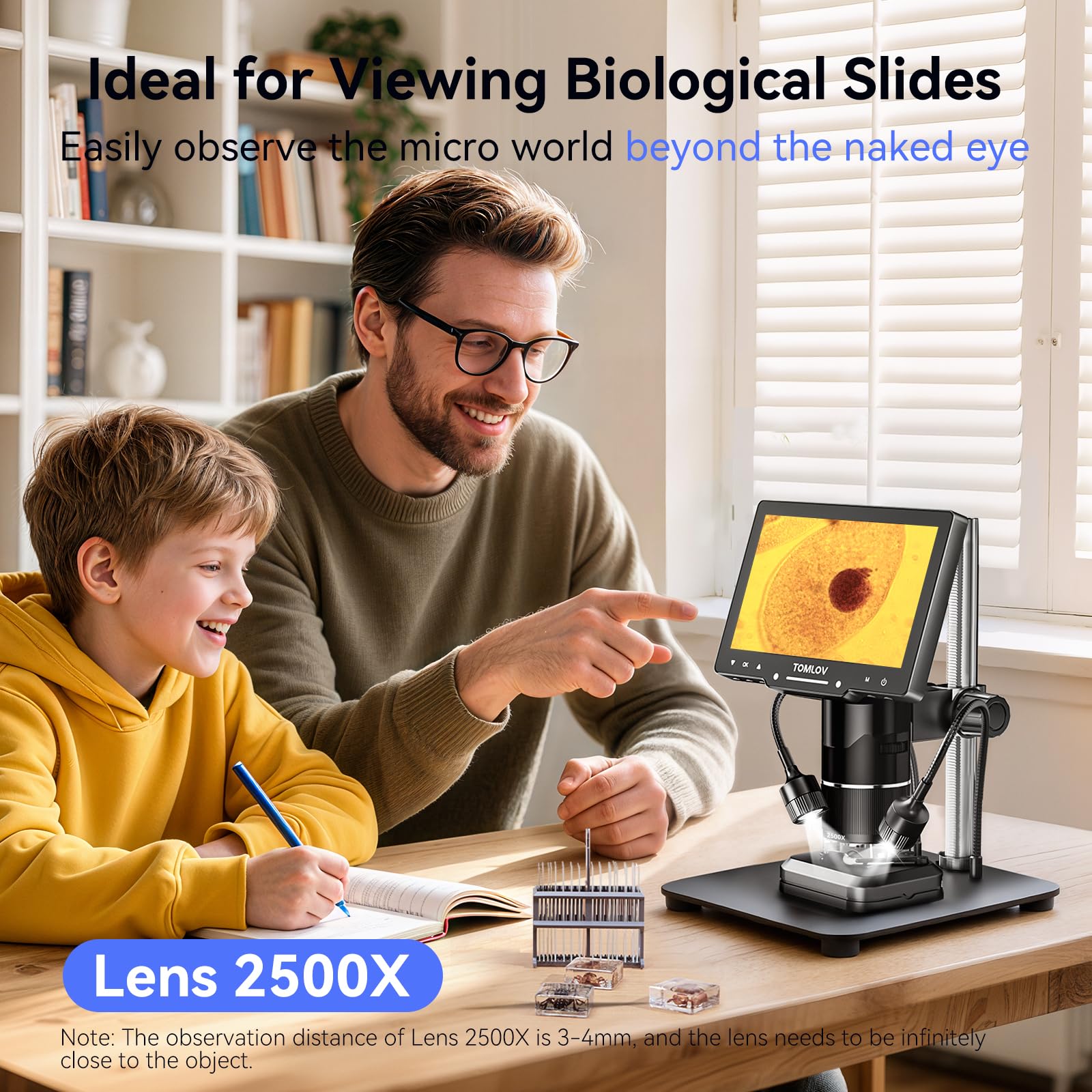 TOMLOV TriL107 3-Lens Digital Microscope: 7" 2500X 2K HDMI Coin Microscope Magnifier for Whole Coin View with IPS Screen, LCD Soldering Microscopes for Adults, 14 LED Lights, PC/TV Compatible, 64GB