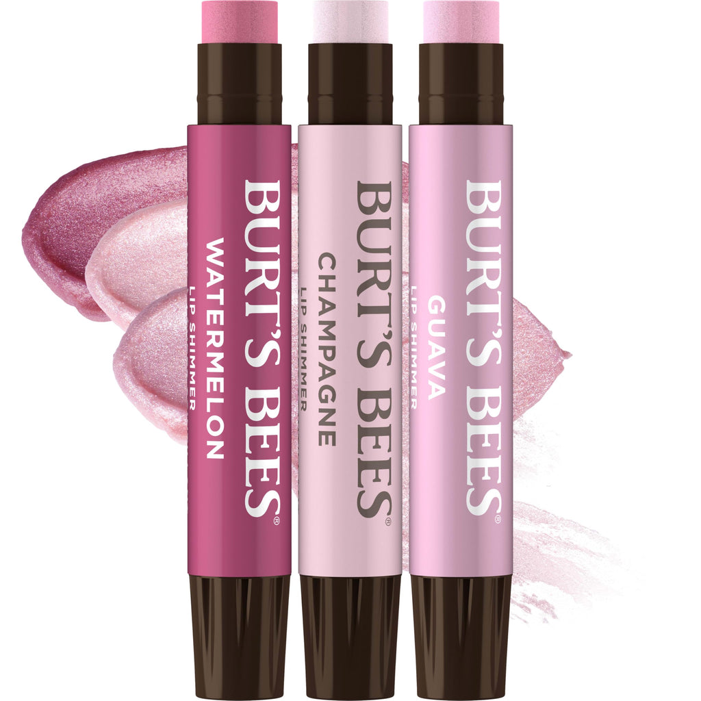 Burt's Bees Lip Shimmer Pink Collection for Valentine's Day Gifts, Tinted Lip Balm Stick, Moisturizing for All Day Hydration with Natural Glowy Pigmented Finish & Buildable Color, Value Pack, 3 Tubes