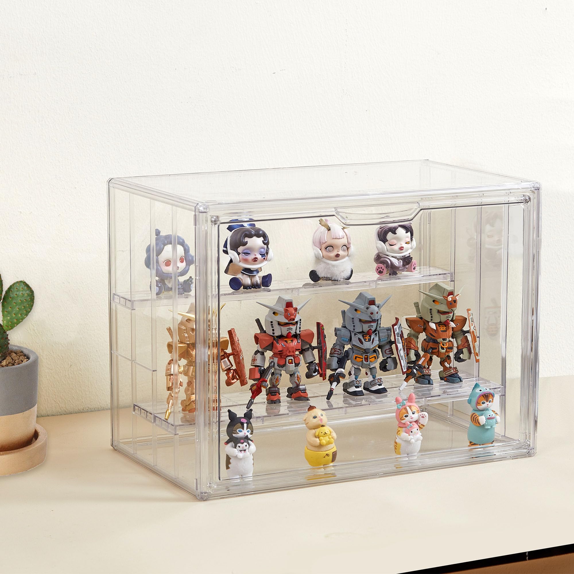 Clear Acrylic Display Case Upgrade 4 Tier Figure Display Case with 3 Movable Dividers, Stackable Display Box Showcase with Magnetic Door for Collectibles (Large-2pack)