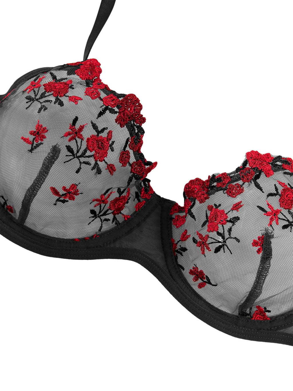 Lilosy Petite Women Sexy Floral Embroidered Mesh Sheer Underwire Push Up Lingerie Set See Through Bra and Panty 2 Piece Flower Flower Black Red XX-Small