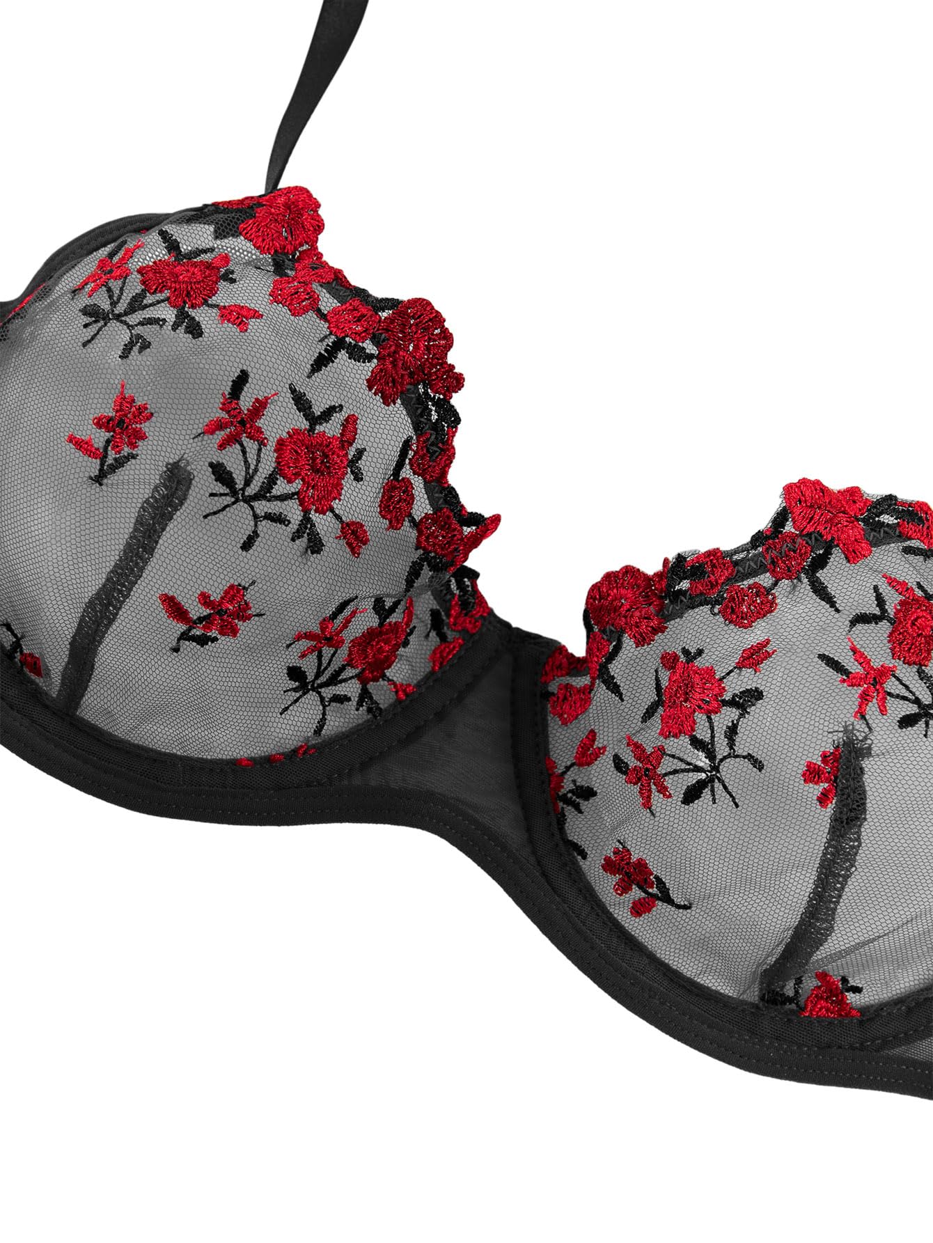 Lilosy Petite Women Sexy Floral Embroidered Mesh Sheer Underwire Push Up Lingerie Set See Through Bra and Panty 2 Piece Flower Flower Black Red XX-Small