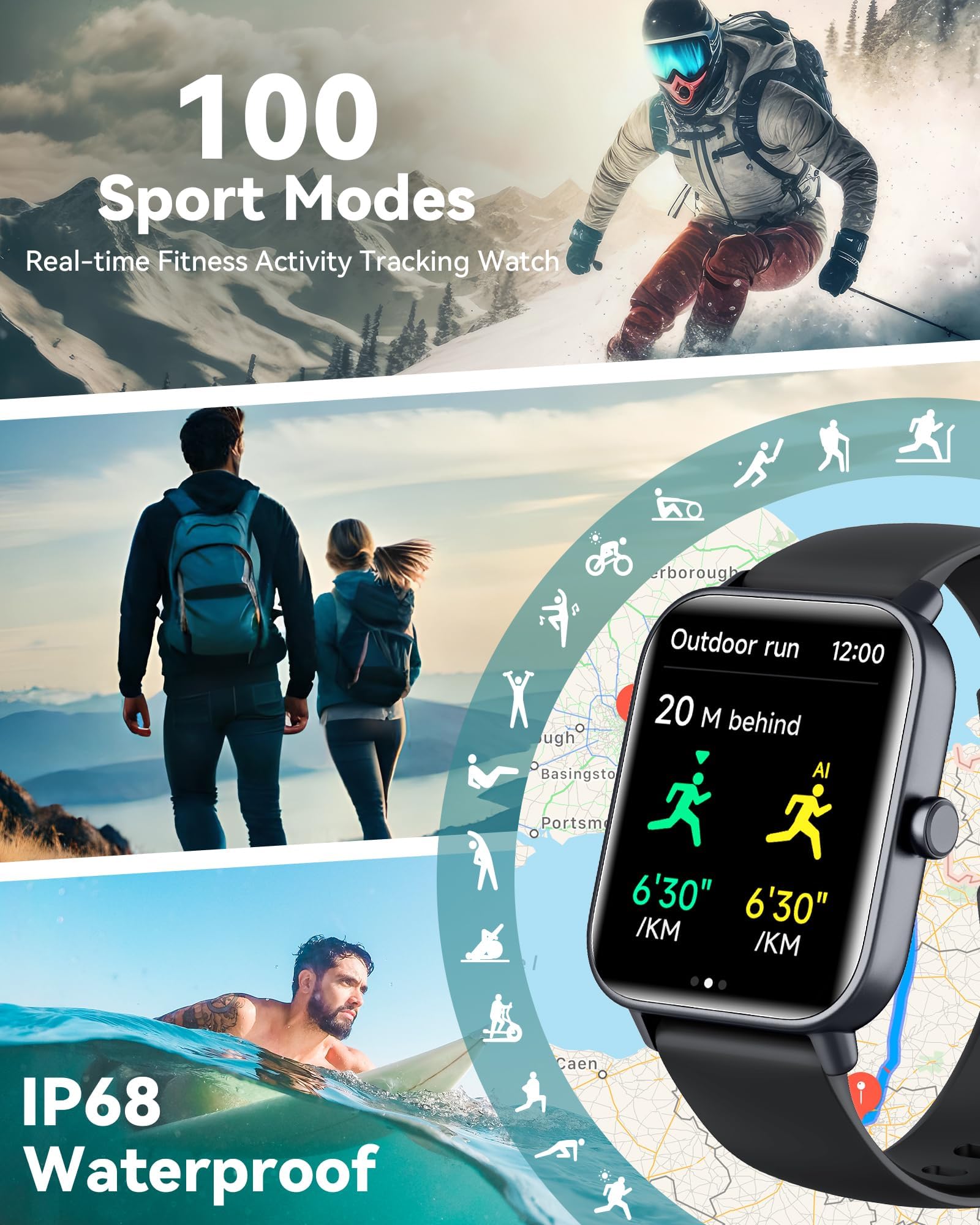 Smart Watches for Women/Men, Smart Watch for Android Phones and iPhone Compatible, Alexa Built-in, 1.8" Fitness Watches for Women, IP68 Waterproof /Bluetooth Call, Heart Rate/Sleep Monitor, Black