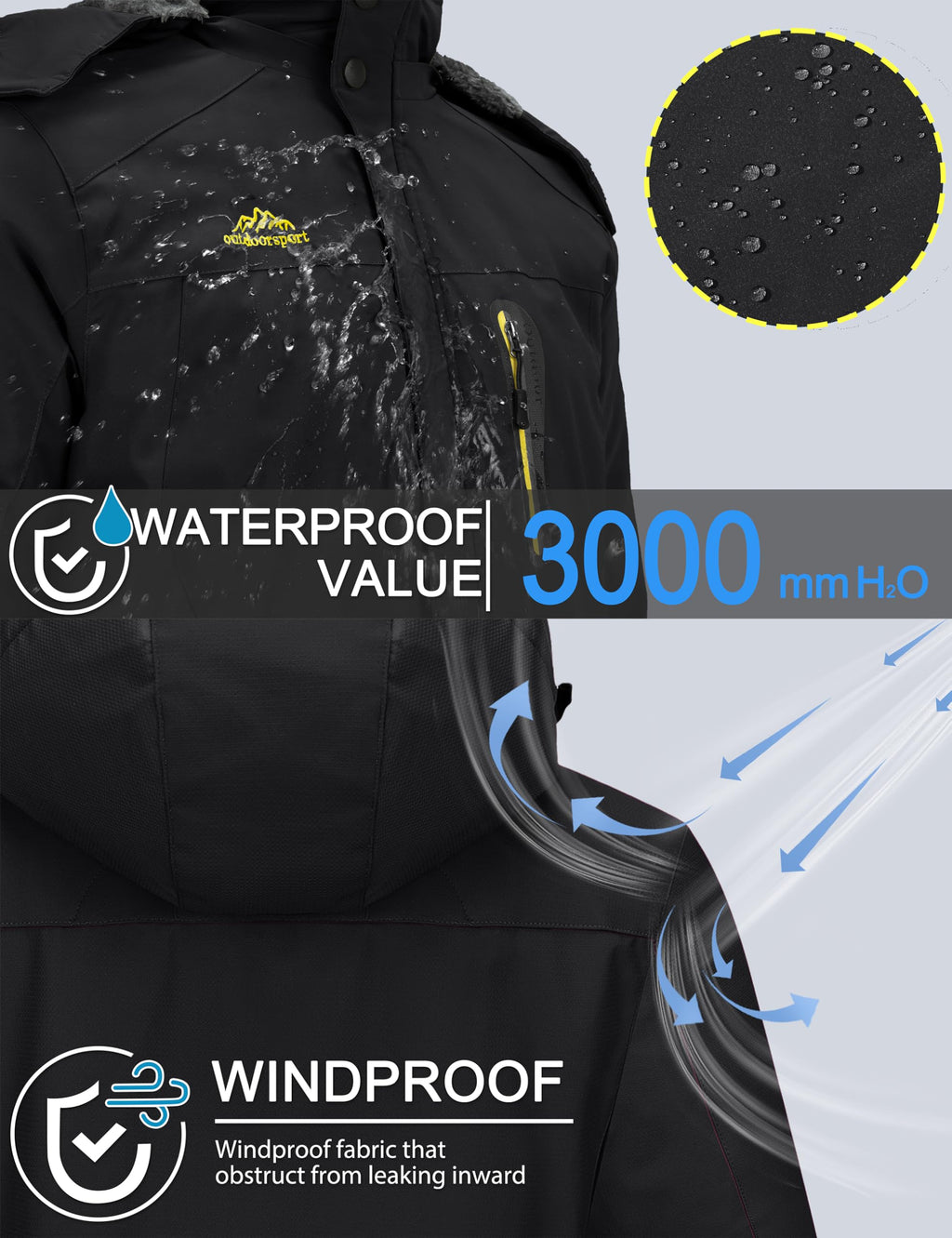 TACVASEN Men's Winter Ski Jacket Waterproof Snow Coats Snowboard Fleece Lining Jacket Warm Parka with Hooded Black M