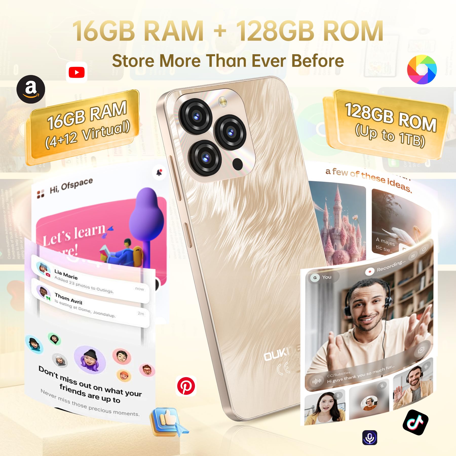 OUKITEL C3 Android 16 Cell Phone Unlocked-16GB RAM+128GB/TF 1TB ROM Smartphone, 5000mAh Battery, 6.52'' Waterdrop Screen, 13MP+5MP Camera, 4G Dual SIM Android Phone, Face ID/3.5mm Jack/GPS/BT5.0, Blue