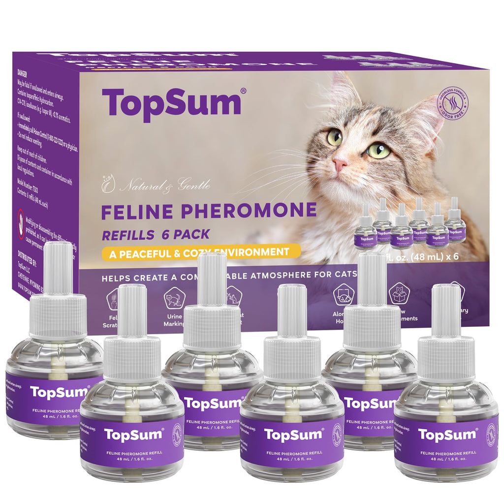 TopSum Cat Calming Diffuser Refill: 6 Refills Top Value Pack Cat Pheromones Calming Diffuser Refill – Helps Reduce Scratching Peeing Meowing Hiding Urine Marking Aggression (6 Refills)