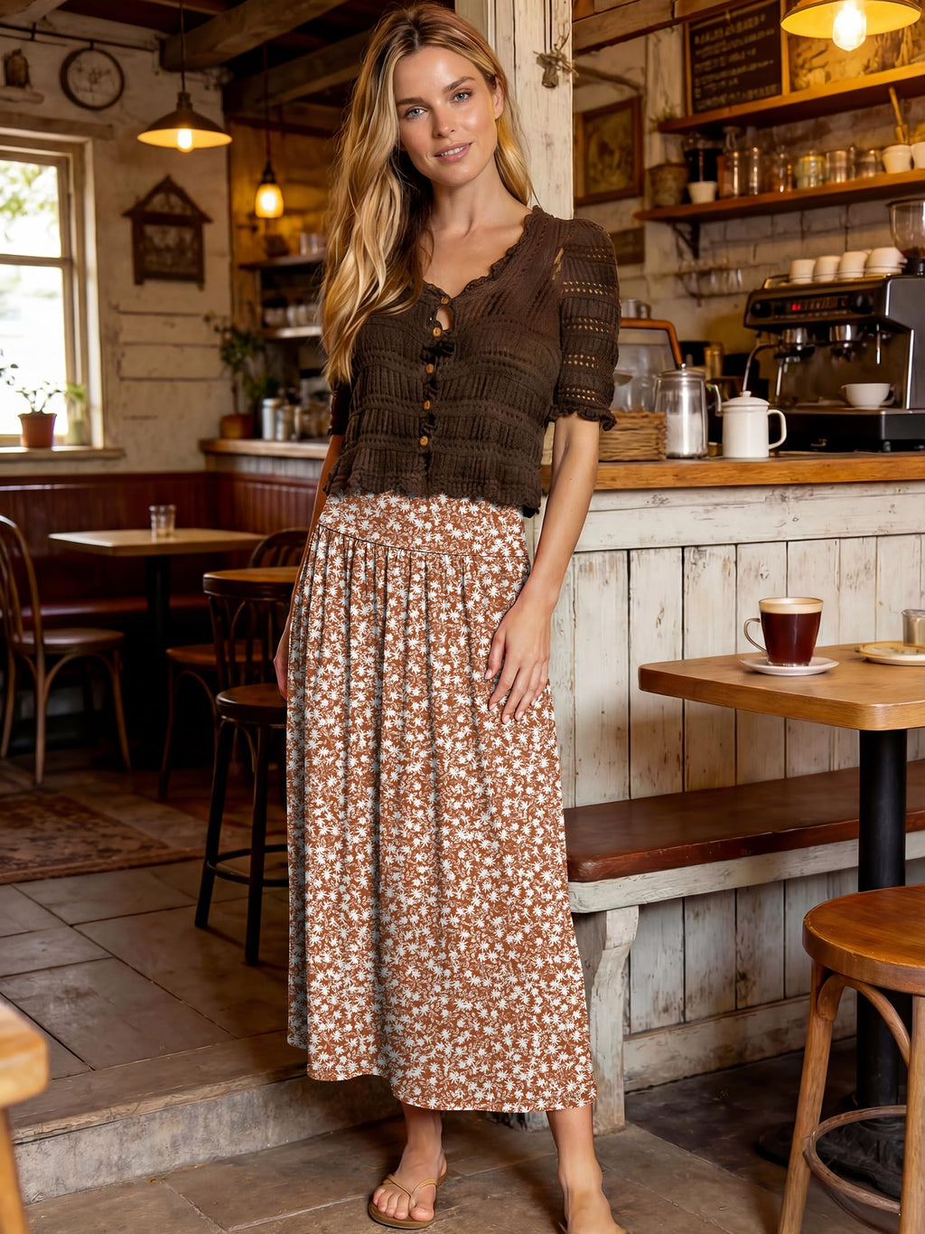 ANRABESS Maxi Skirts for Women Summer Trendy Elastic High Waisted Casual Boho Floral Slit Flowy Skirts with Pockets Fashion Floral Brown Small