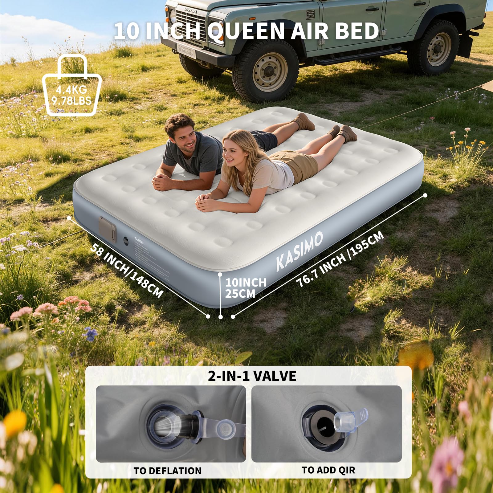 KASIMO Queen Air Mattress with Built-in Battery Powered Removable Pump, Blow Up Mattress Inflatable AirBed with Soft Suede Surface,Air Bed for Home Guests Camping