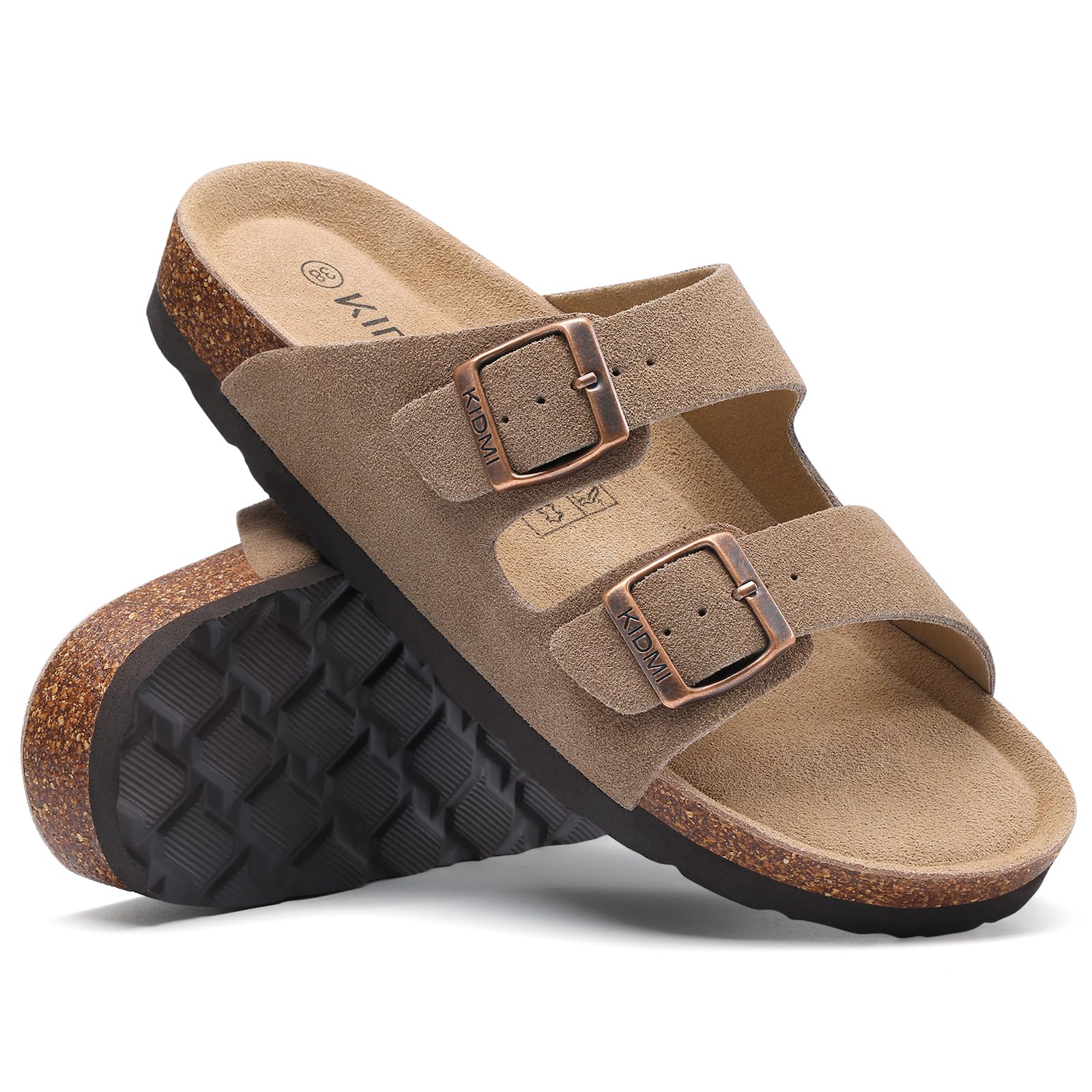 KIDMI Unisex Genuine Suede Summer Sandals Arch Support Cork Footbed Slide Sandals with Double Adjustable Buckle for Women Men, Mocha 39