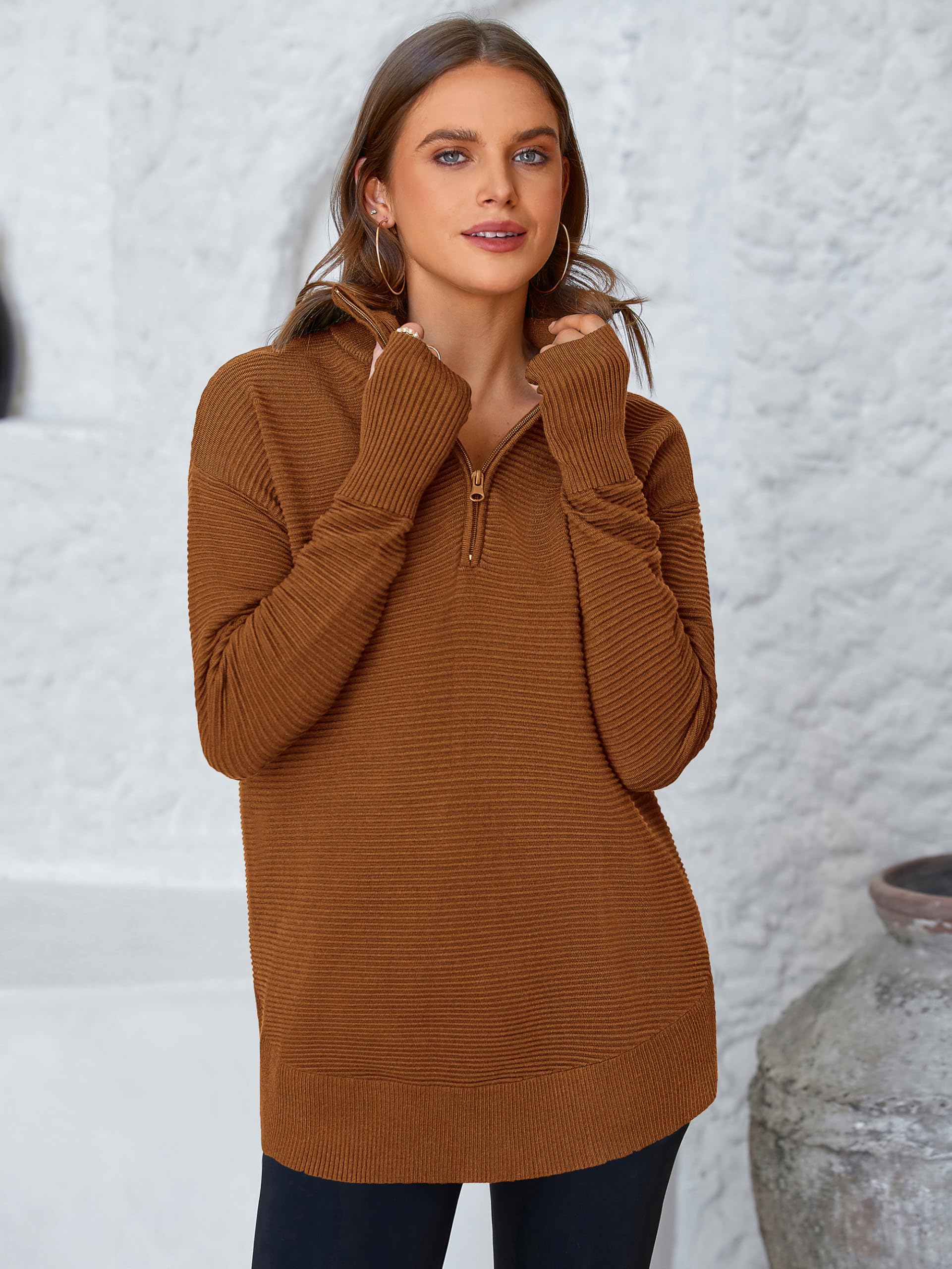 PRETTYGARDEN Womens Long Sleeve Quarter Zip Pullover Sweater Casual Loose V Neck Collared Ribbed Knit Jumper Tops Thumb Hole(Caramel,Large)