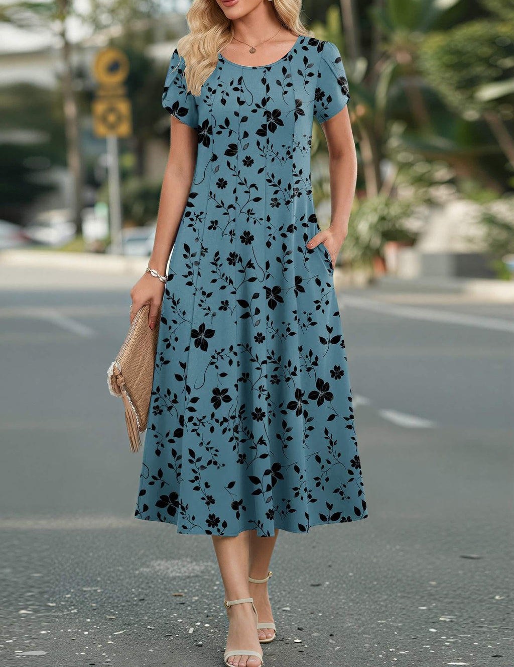 HOTOUCH Casual Dresses for Women Short Sleeve Flare Midi Dress Womenss Summer Floral Dress A Line Dresses 2026 Sundress, Blue Green Floral,L