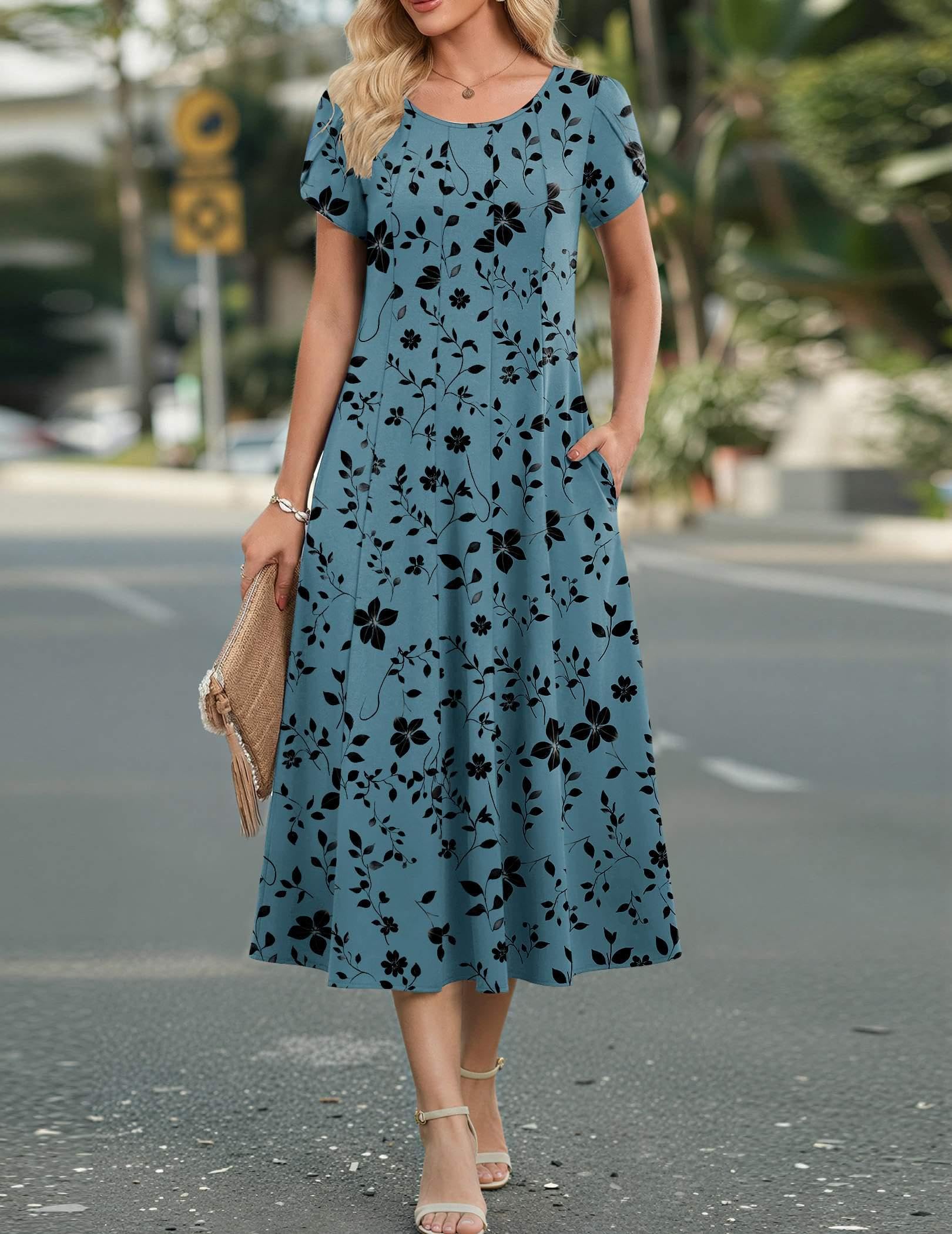HOTOUCH Casual Dresses for Women Short Sleeve Flare Midi Dress Womenss Summer Floral Dress A Line Dresses 2026 Sundress, Blue Green Floral,L
