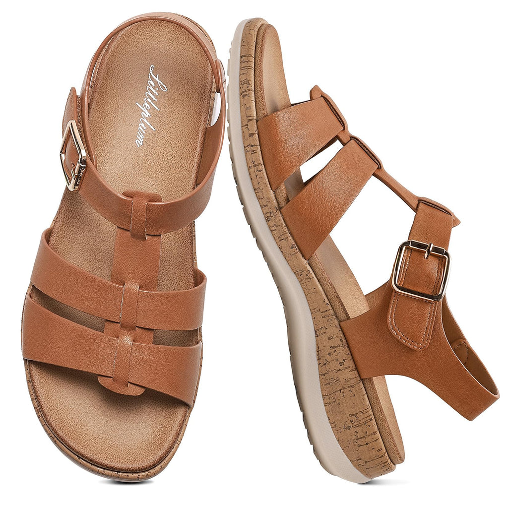 Littleplum Women's Flat Sandals– Comfortable Arch Support Womens Sandals, Summer Breathable Adjustable Orthotic Walking Shoes for Beach,Travel Brown Size 7.5