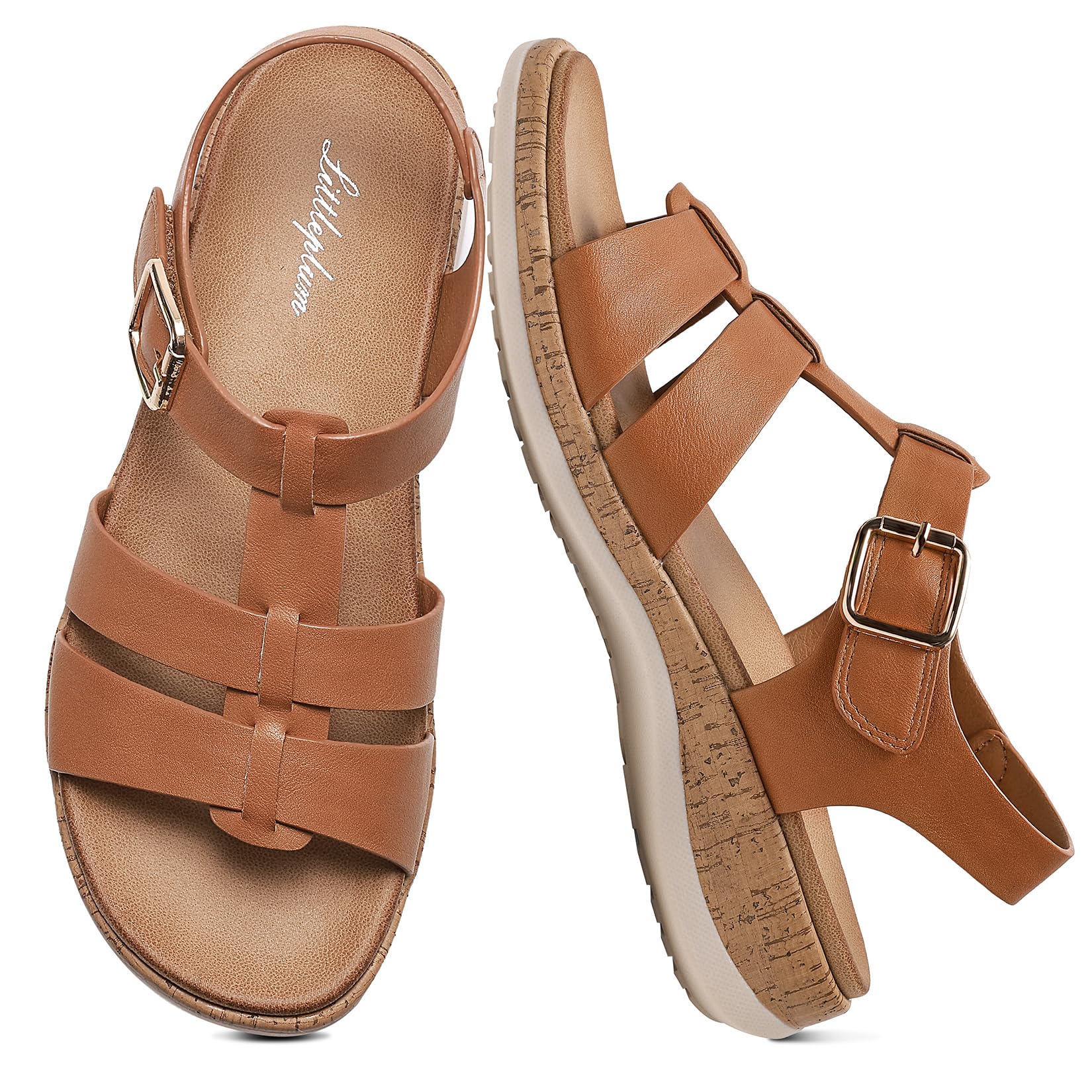Littleplum Women's Flat Sandals– Comfortable Arch Support Womens Sandals, Summer Breathable Adjustable Orthotic Walking Shoes for Beach,Travel Brown Size 7.5