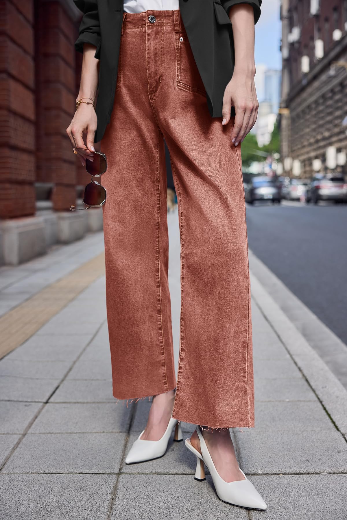 Cicy Bell Womens High Waisted Cropped Jeans Trendy Stretchy Baggy Straight Leg Raw Hem Capri Denim Pants Brown