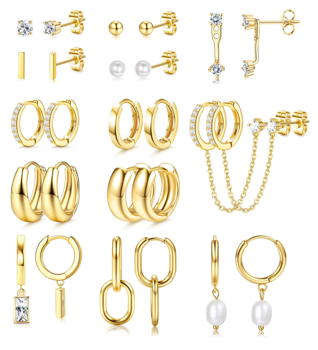 BESTEEL 13 Pairs Small Stud Hoop Earrings Set for Women Hypoallergenic 14K Gold Plated Dainty Huggie Hoops Lightweight Earrings for Gift