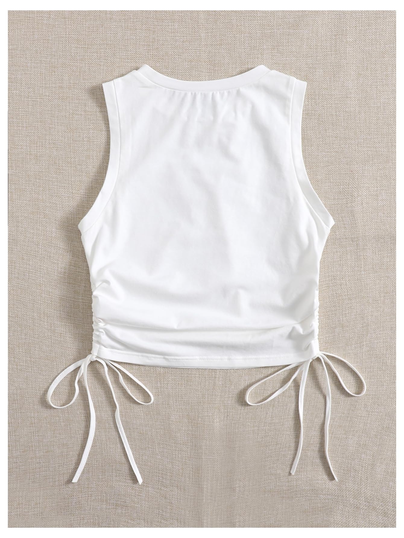 WDIRARA Women's Ruched Drawstring Side Tank Top Crew Neck Sleeveless Fitted Crop Tops White Large