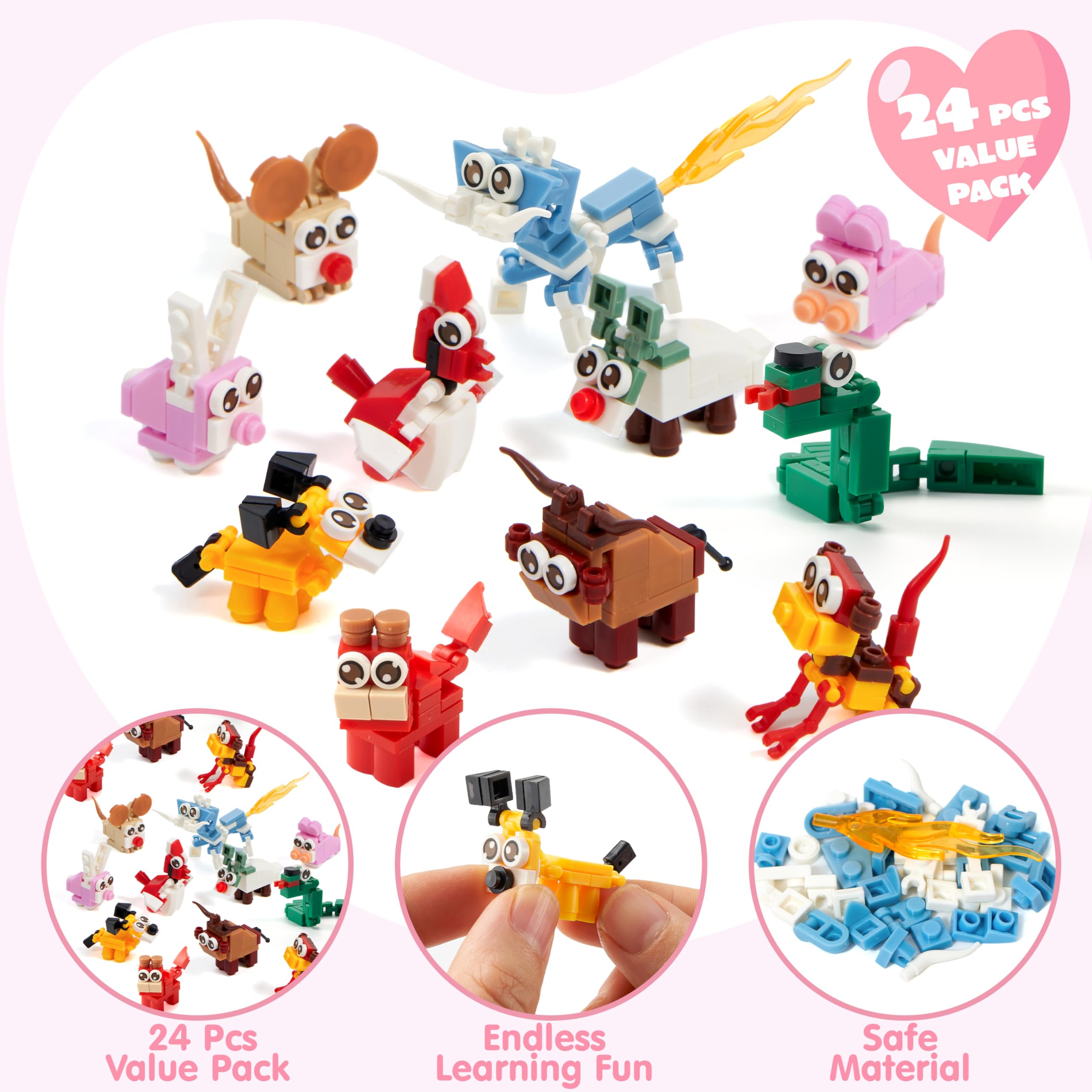 JOYIN 24 Packs Valentines Day Gift Cards with Animal Building Blocks for Party Favor Toy, Valentine's Classroom Exchange, Kids Classroom School Prize