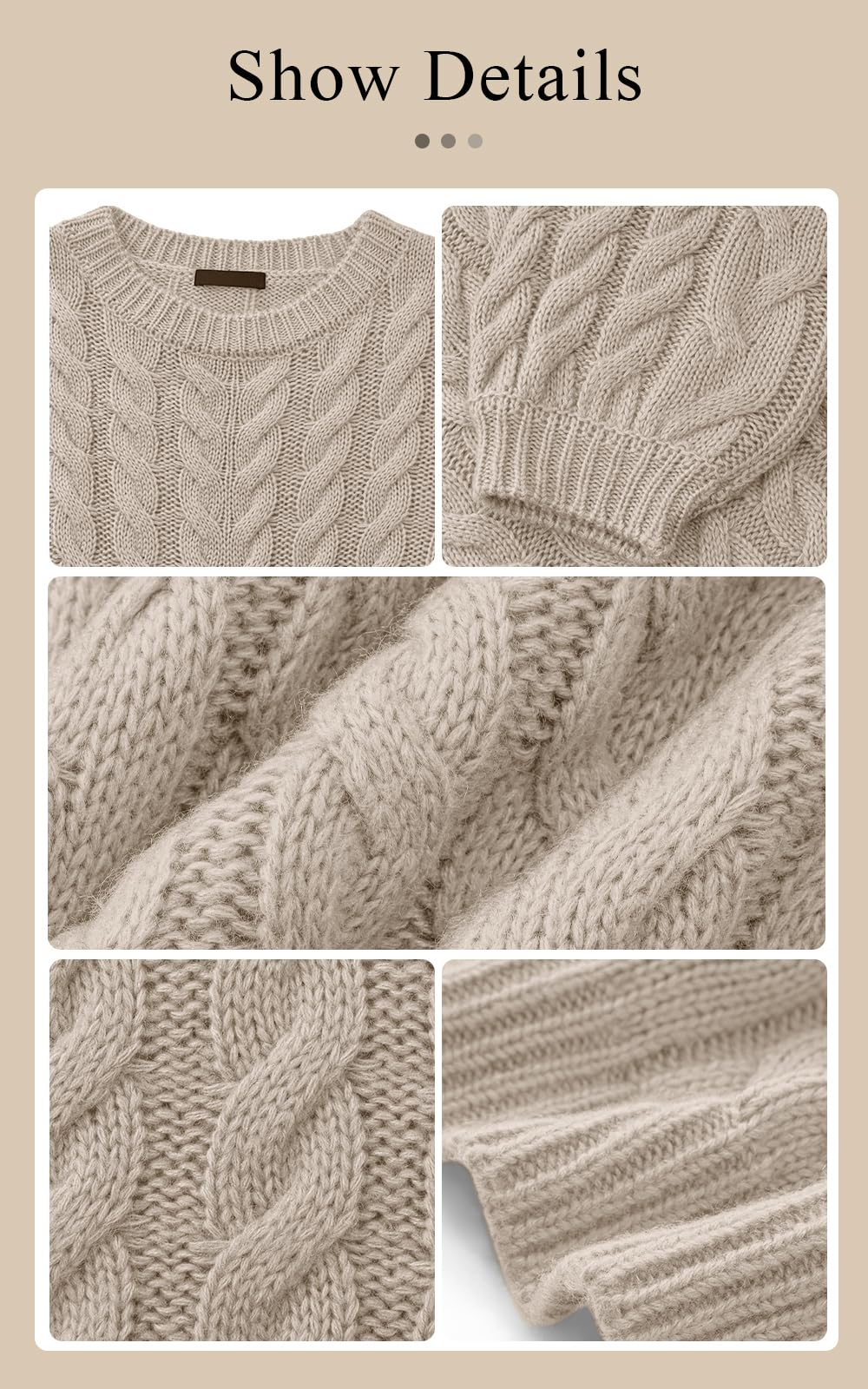 PRETTYGARDEN Womens Sweaters Fall 2026 Cable Knit Long Sleeve Crewneck Oversized Sweater Chunky Pullover Loose Outfits (Khaki, Small)