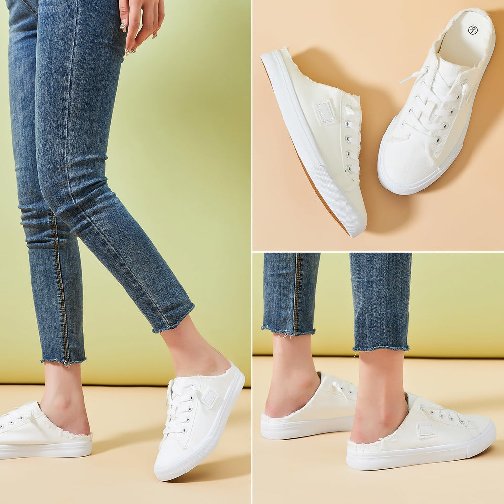BENPAO Womens Canvas Mules White Slip on Fashion Sneakers Black Loafers Comfortable Casual Shoes for Women(White,US5.5)