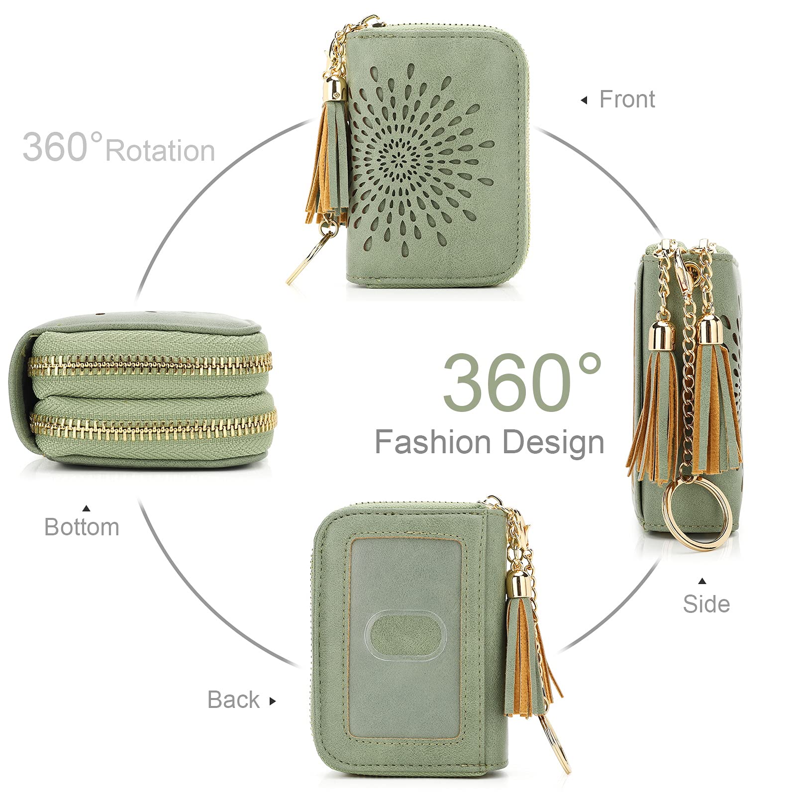 APHISON RFID Credit Card Holder Zipper Card Case Keychain Small Wallet for Women 1942-2 GREEN