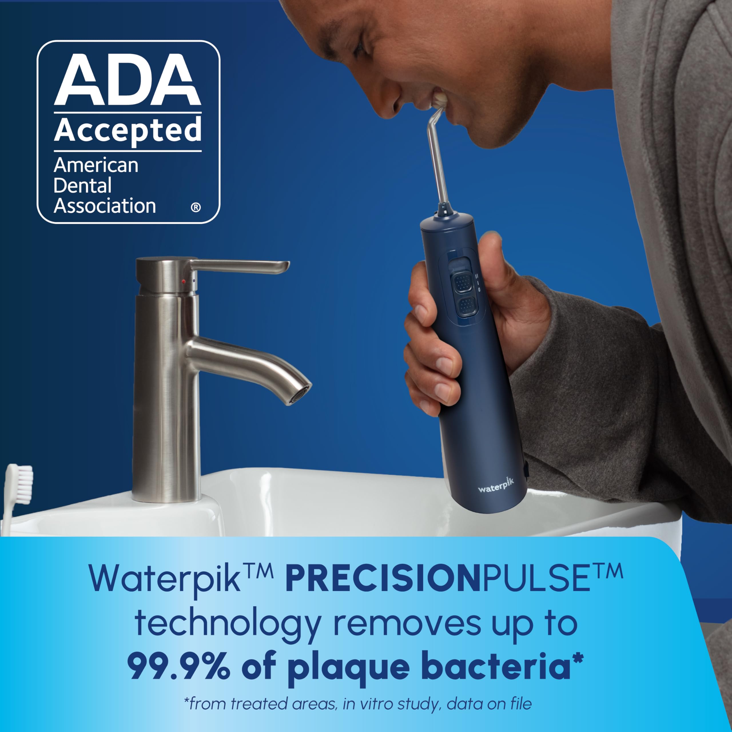 Waterpik Cordless Pulse Rechargeable Portable Water Flosser for Teeth, Gums, Braces Care and Travel with 2 Flossing Tips, Waterproof for Shower, ADA Accepted, WF-20 Blue, Packaging and Tips May Vary