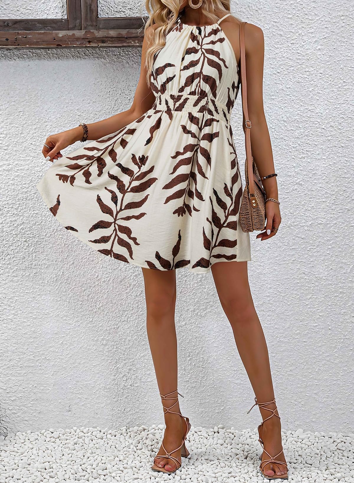 BLENCOT Floral Dress for Women Casual Summer Halter Neck Smocked High Waist A Line Mini Beach Dresses with Pockets Beige Large