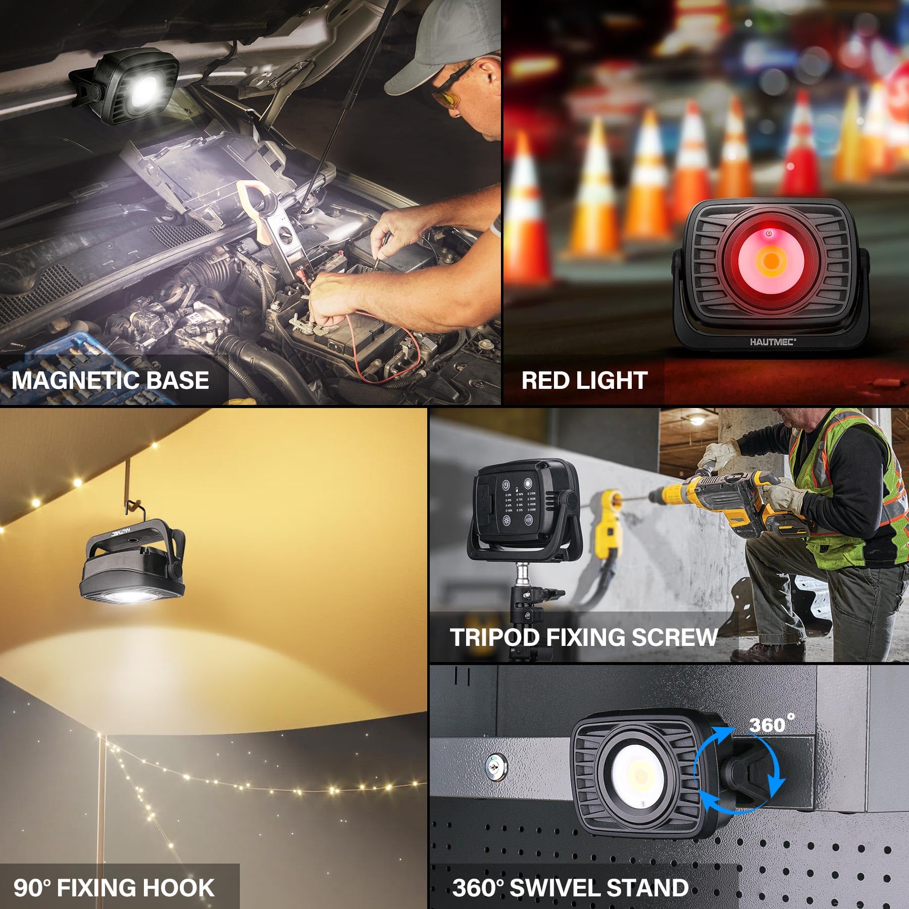 HAUTMEC 1500LM COB Rechargeable Work Light, 360° Rotatable Magnetic Work Light, 4 Brightness & 4 Color Temps, Red/Strobe, 8000mAh Power Bank, IPX4 for Car Repair, Camping, Emergency