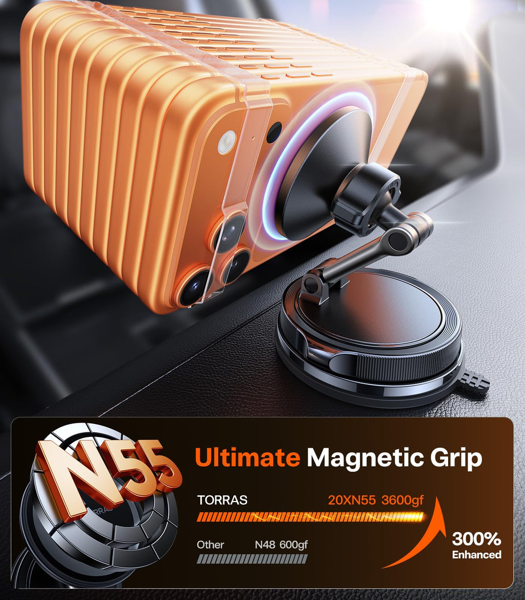 TORRAS 2026 Vacuum for Magsafe Car Mount【98+LBS Strongest Suction & Ultra Magnet】 Magnetic Phone Holders for Your Car, 360° Adjustable Car Phone Holder Mount for iPhone 17 Pro Max 16 15 14 13 12