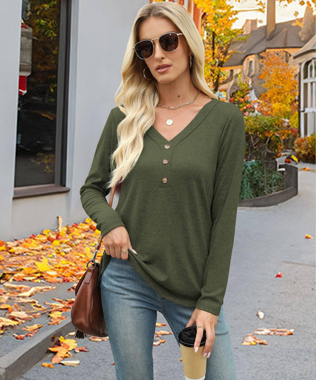 XMTOPYE Womens Long Sleeve Tops V Neck Button Tunic Fall Clothes Lightweight Blouses Green
