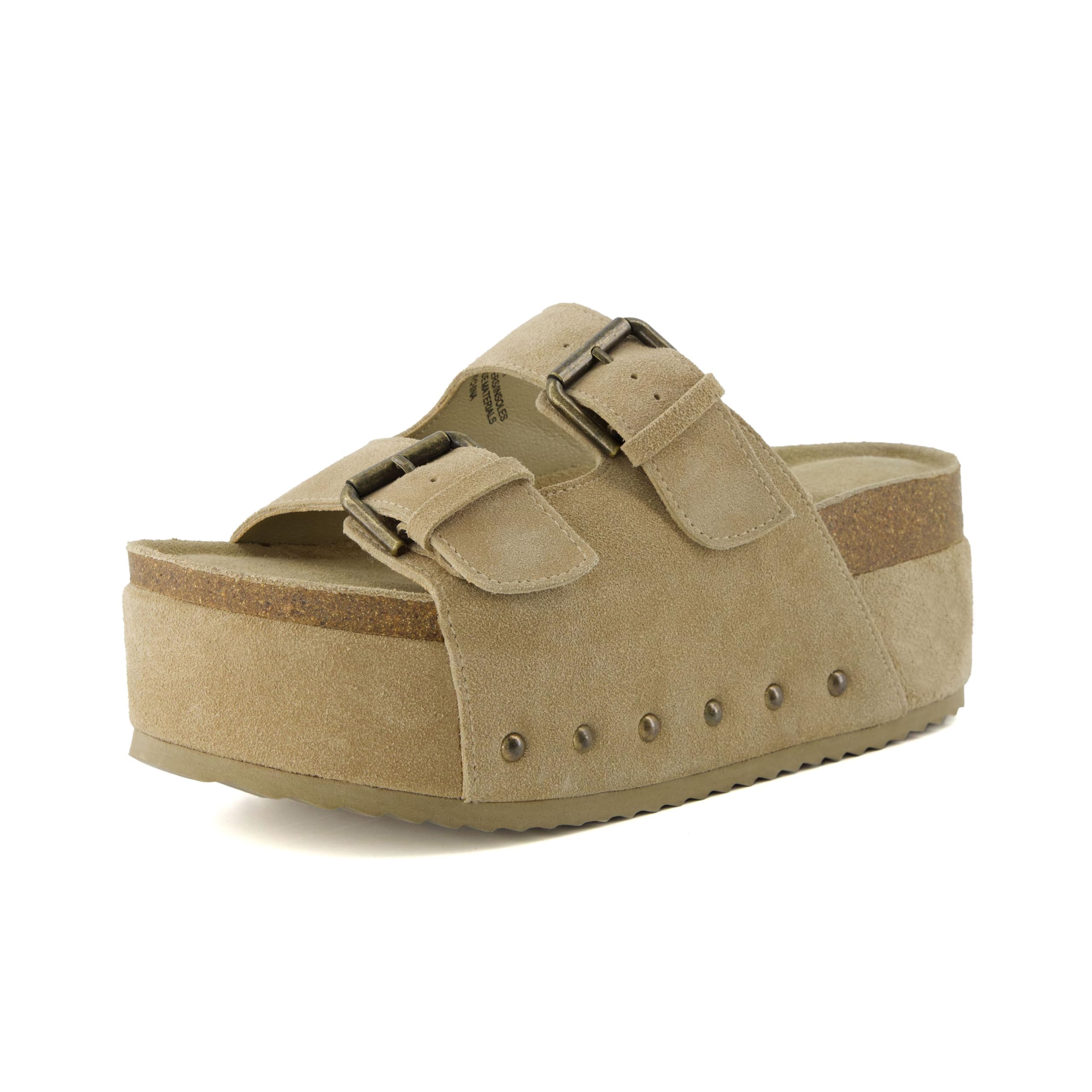 CUSHIONAIRE Guru Platform Sandals Women Footwear – Comfortable Genuine Leather Footbed Studded Chunky Slide Summer Sandals for Women 2026, KHAKI 11