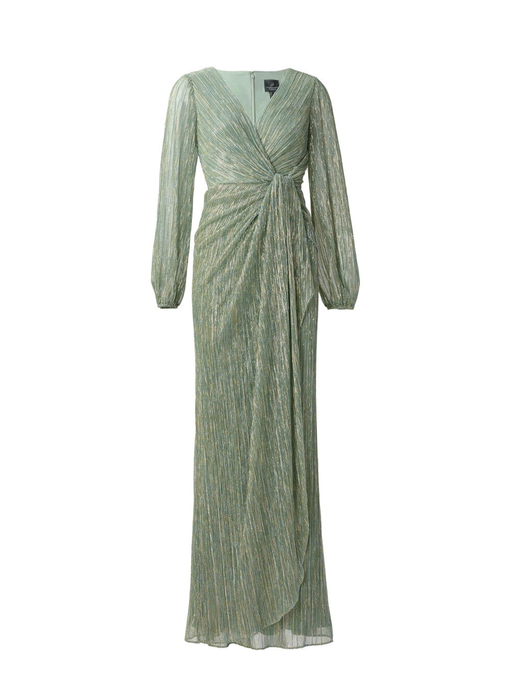 Adrianna Papell Long Sleeve Crinkle Metallic Gown with Draped Waist Detail Green Slate 4