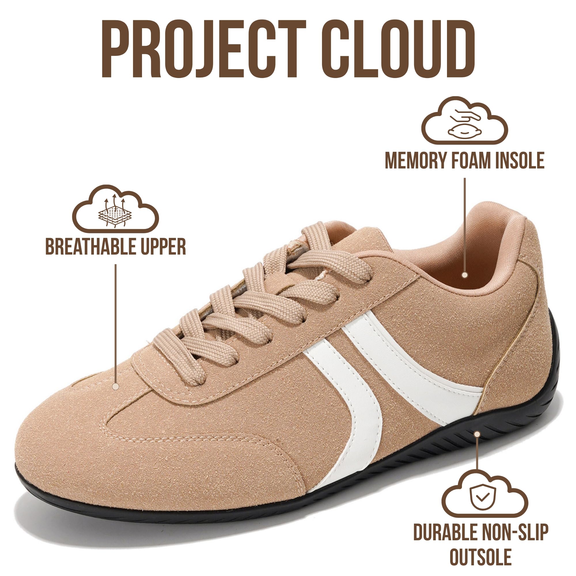 Project Cloud Barefoot Shoes Women – Memory Foam Lace-Up Womens Sneakers – Lightweight & Non Slip Womens Shoes Casual – All-Day Women's Fashion Sneakers for 2026 (Goal, TAN, 7)