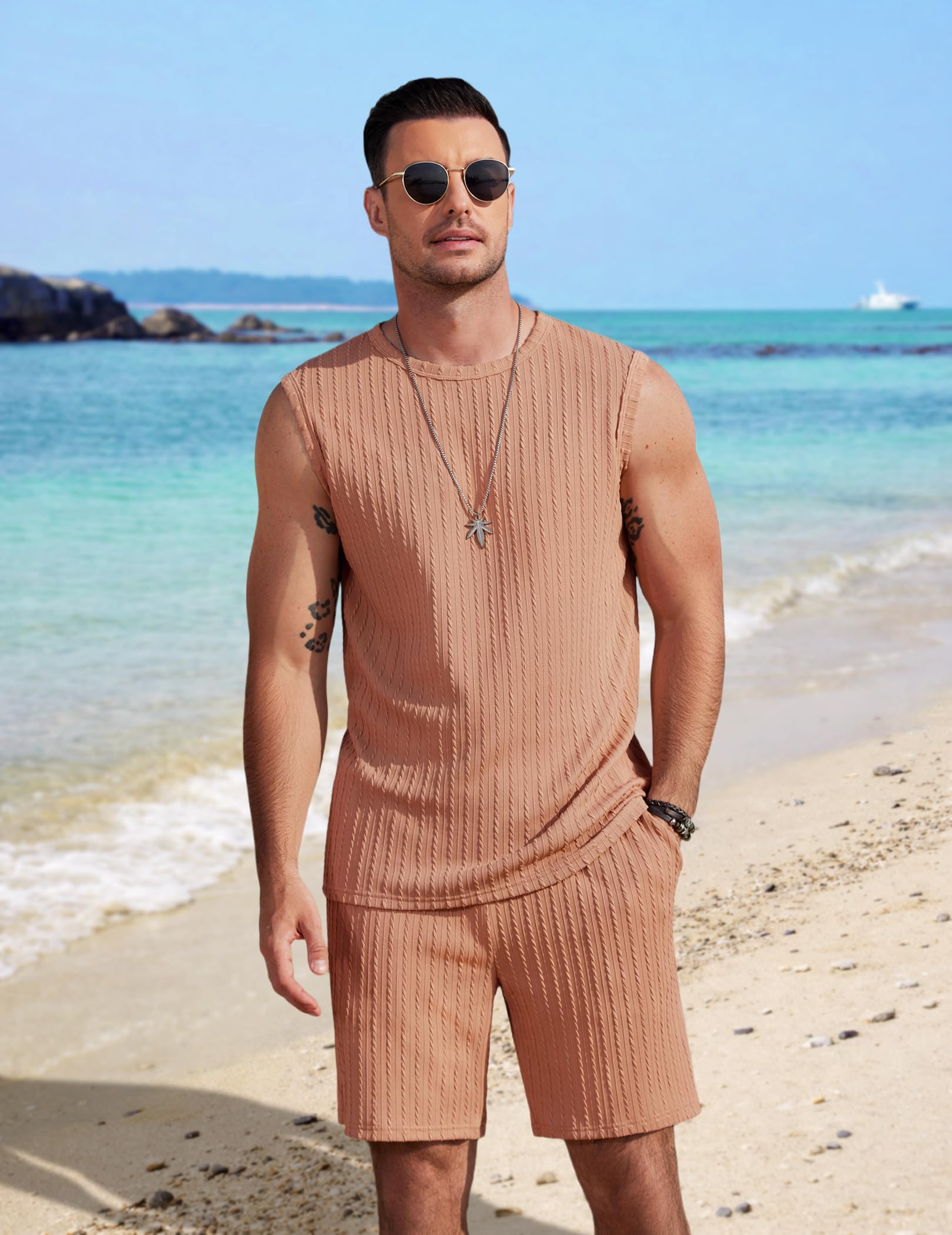 COOFANDY Men's 2 Piece Outfits Sleeveless Fashion Shirt and Shorts Set Summer Lightweight Knit Set, Khaki, L