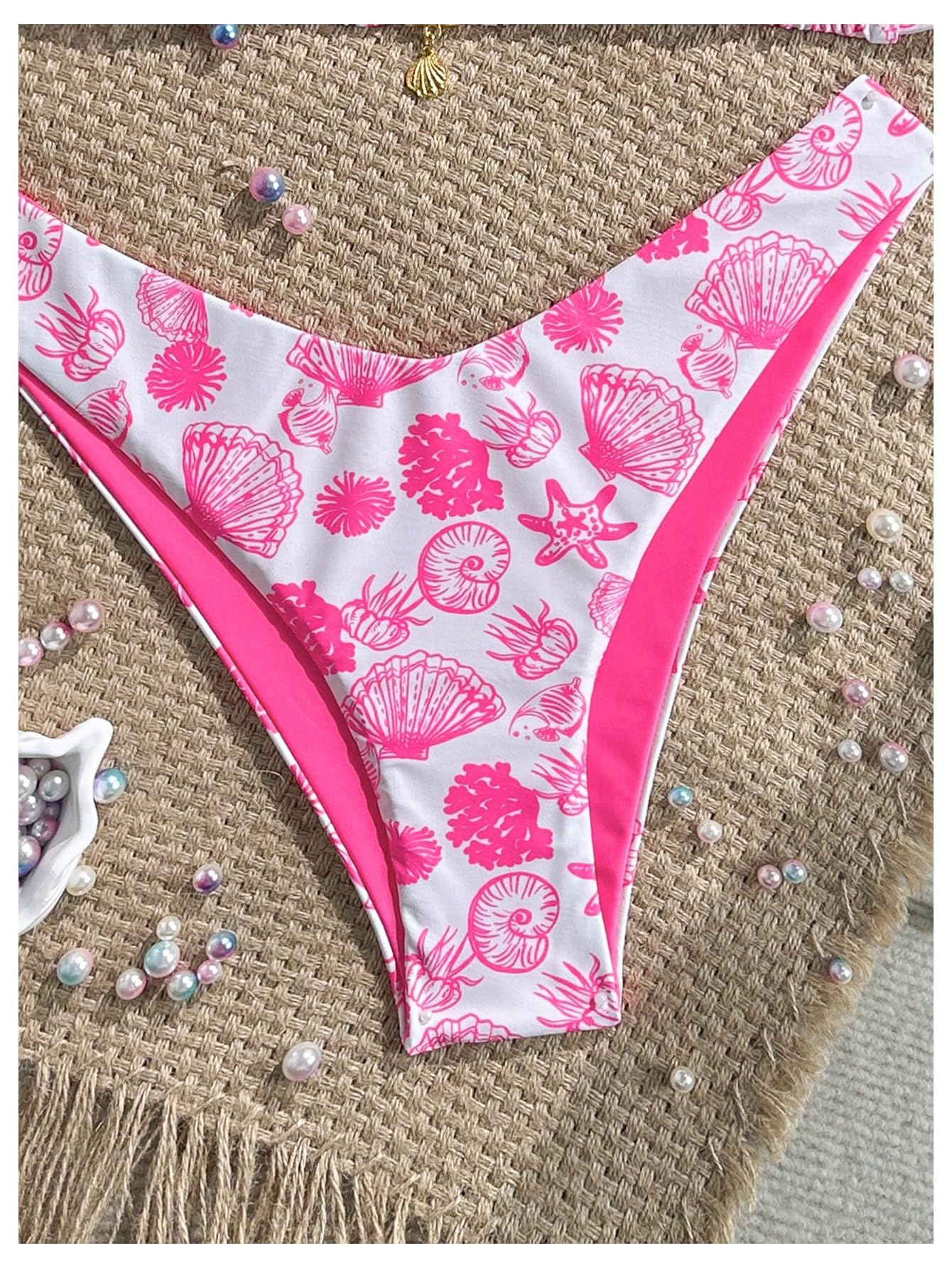 WDIRARA Women's 2 Piece Bikini Set Seashell Halter Triangle String Swimsuit High Cut Bathing Suit Pink X-Small