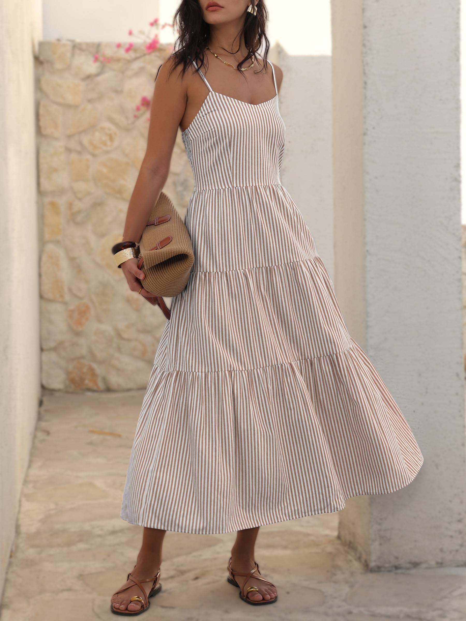 ANRABESS Womens Summer Midi Dresses Casual Striped Plaid Sleeveless Flowy Maxi Dress 2026 Beach Vacation Sundress Light Brown White Stripe Mediun