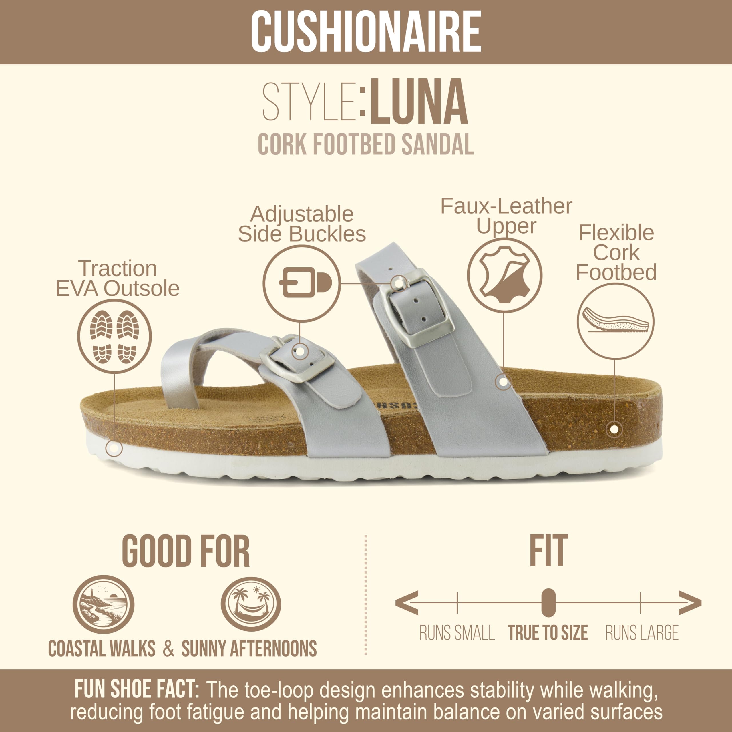 CUSHIONAIRE Luna Sandals for Women, Cork Footbed Womens Sandals for Summer Comfort with Adjustable Straps, Wide Width Available, SILVER 7W