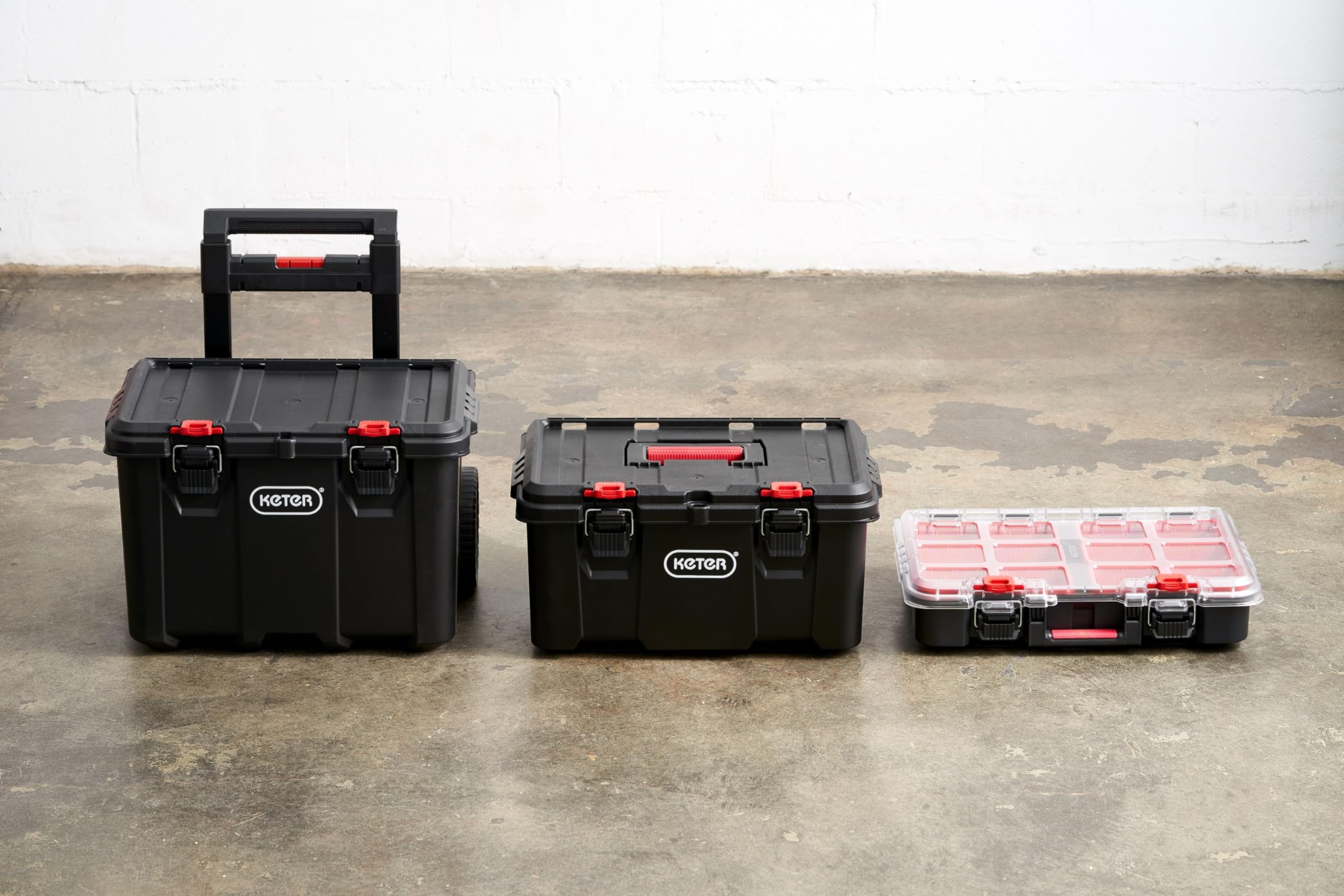 Keter Stack-n-Roll Modular Tools Organizer for Garage Storage and DIY, 3 Piece Resin Rolling Tool Box System for Small Parts, Black