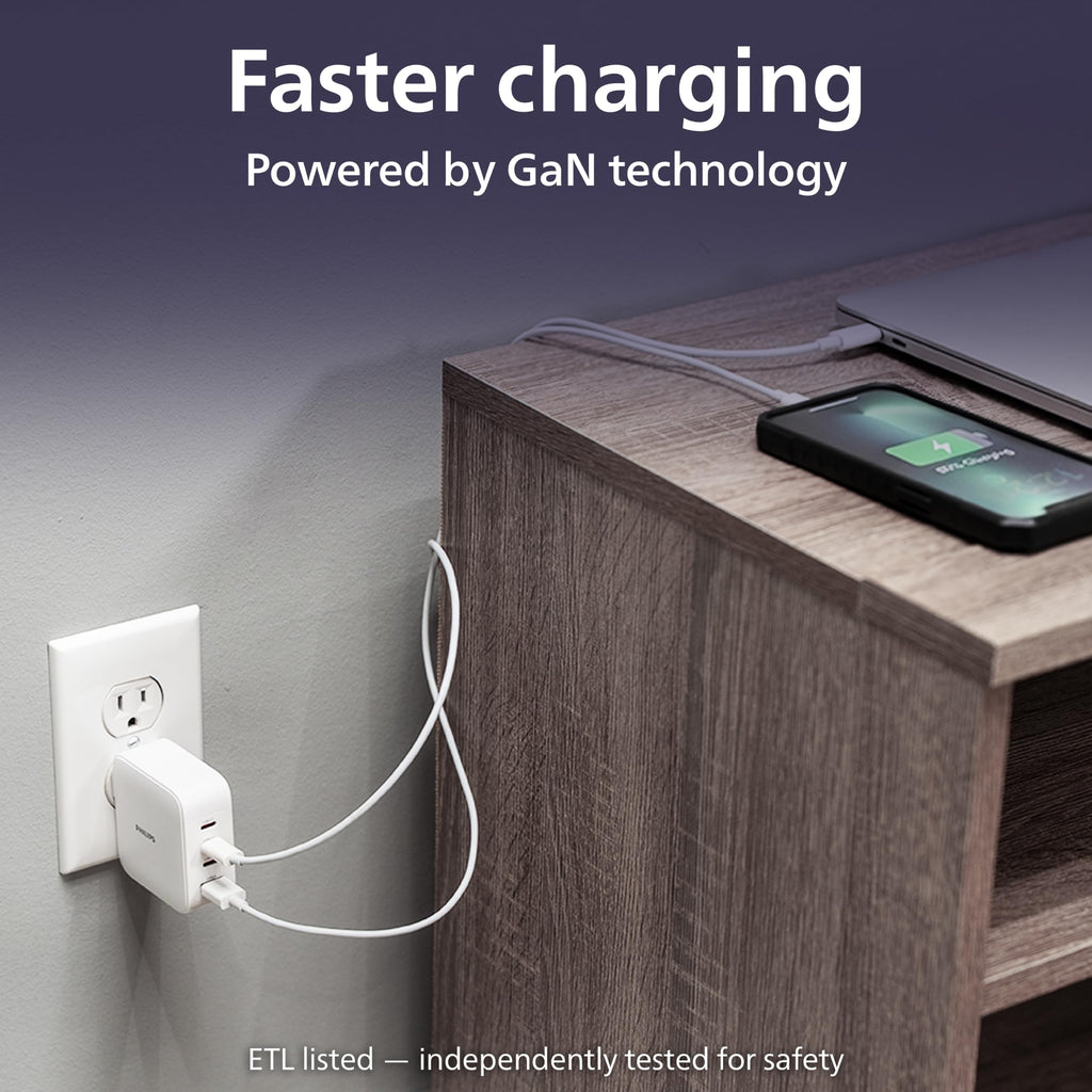 Philips USB C Fast Charger, 100W, 4-Ports, 3 USB-C, 1 USB-A, Foldable Plug