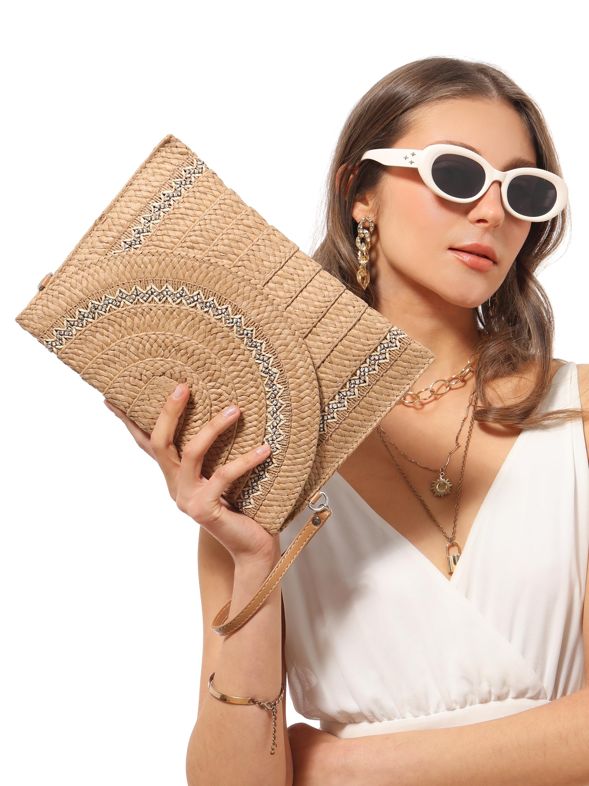 LA CARRIE Beach Bags Straw Purse for Women Shoulder Woven Clutch Envelope Crossbody Bag Handbags for Summer Vacation(Khaki Lace 2)