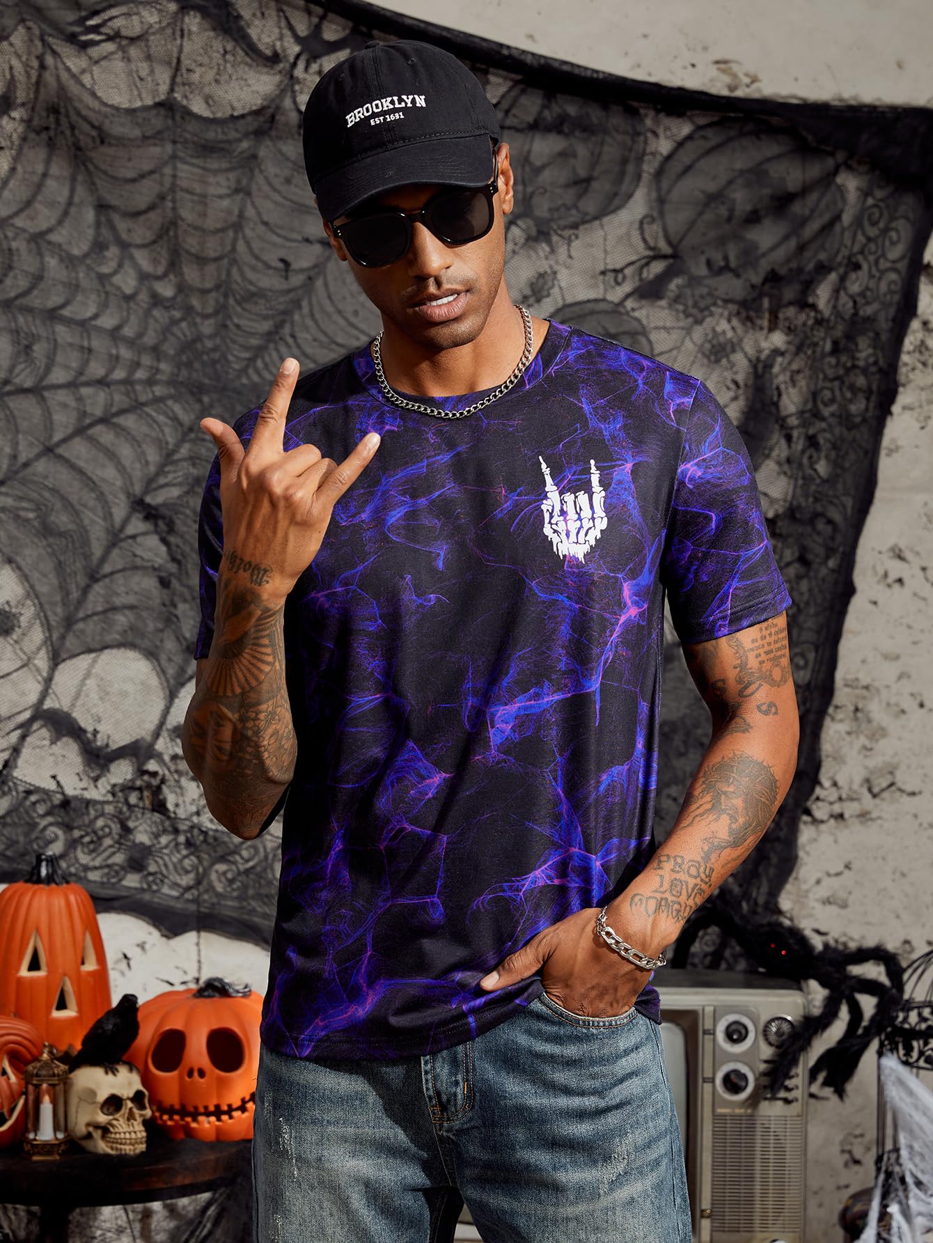 Hardaddy Men's Casual Tie Dye T-Shirts Short Sleeve Round Neck Graphic Tee Rock Band Tee Shirts Purple Black XL