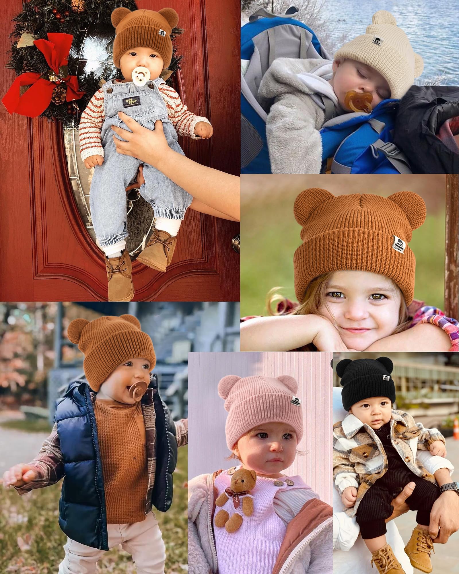 FURTALK Baby Beanie Winter Hat with Bear Ear for Infant Toddler Boys Girls Soft Knitted Skull Cap Black+Beige+Caramel 0-6 Months