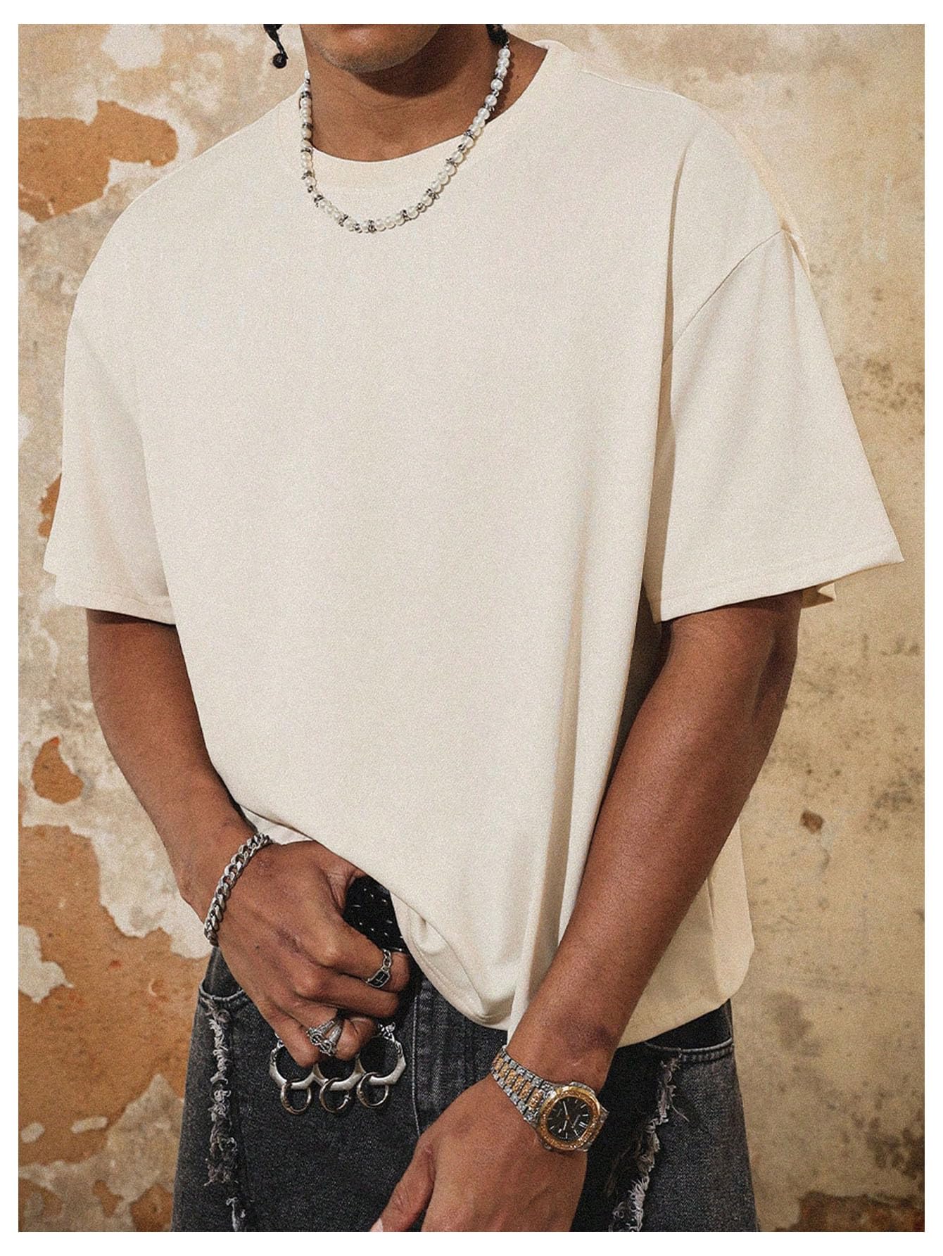 VIPWOLF Men's Vintage Cropped Graphic Tees Short Sleeve Boxy Crew Neck Summer T Shirts Streetwear Apricot Small