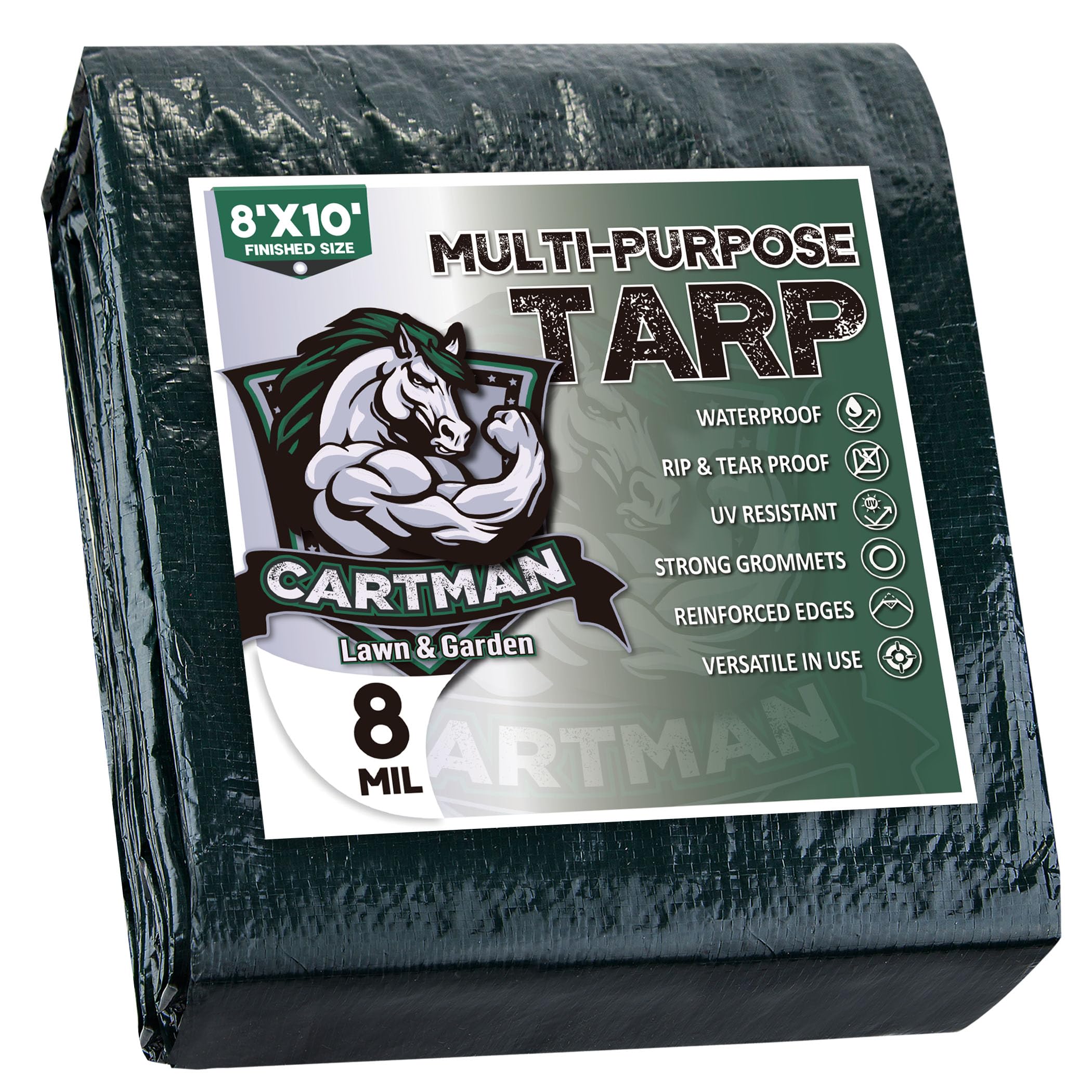 CARTMAN Finished Size 8x10 Feet Waterproof Green Tarp 8 Mil Thick, Multipurpose Protective Cover for Emergency Rain Shelter Camping Tarpaulin