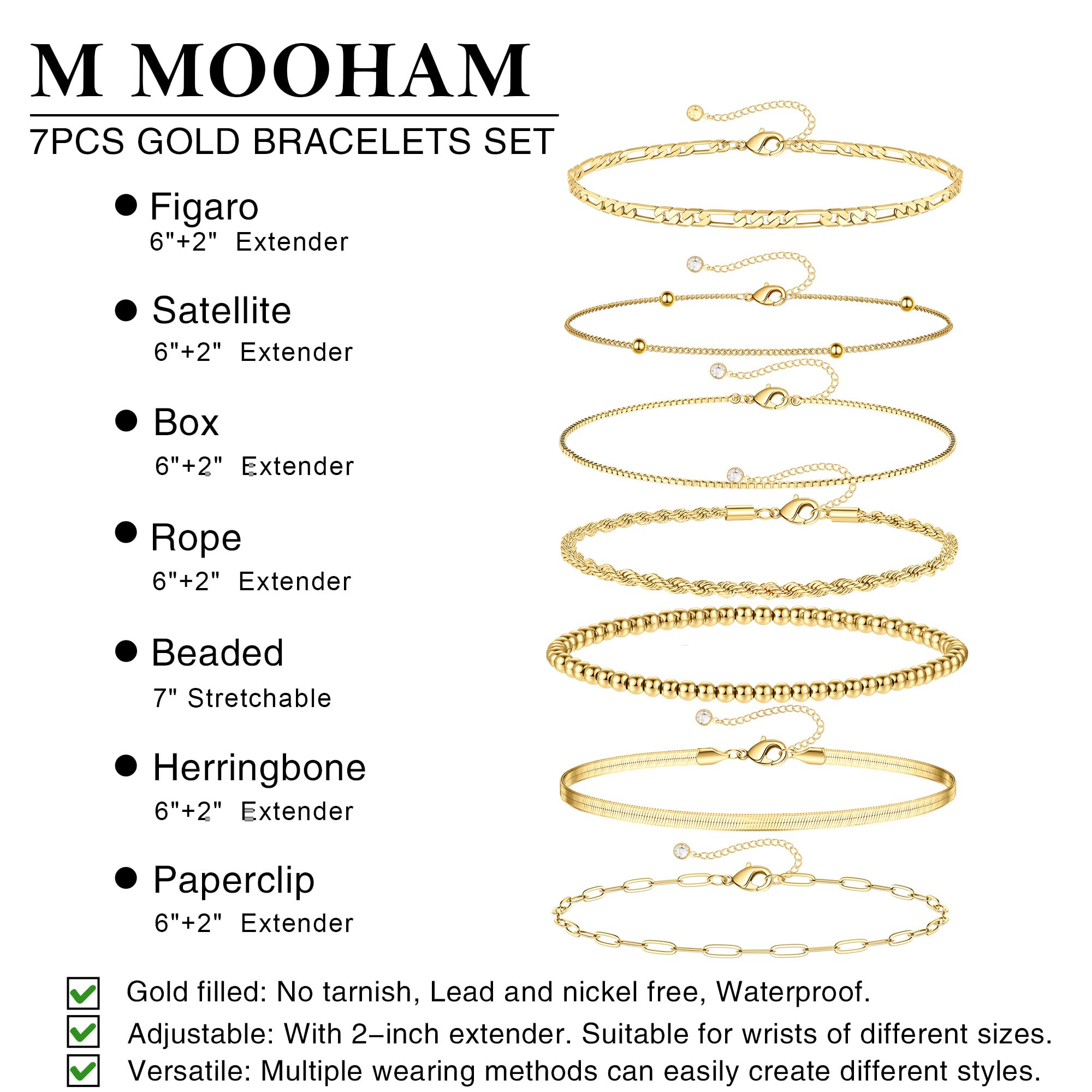 M MOOHAM Gold Bracelets for Women - Dainty 14K Gold Plated Layered Beaded Bracelet Stack Paperclip Snake Rope Figaro Box Satellite Chain Bracelets for Women Non Tarnish Jewelry Mothers Day Gifts
