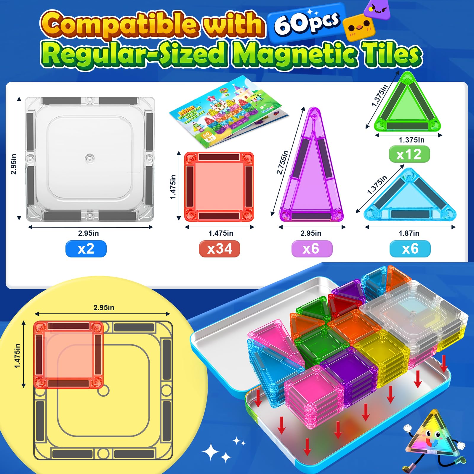 Soyee Mini Magnetic Tiles 60PCS Toddler Kids Toys Travel Set with Metal Tin Case, Portable STEM Building Blocks Kids Toy for 3 4 5 6 7 8 Year Old Boys & Girls, Educational Toddler Kids