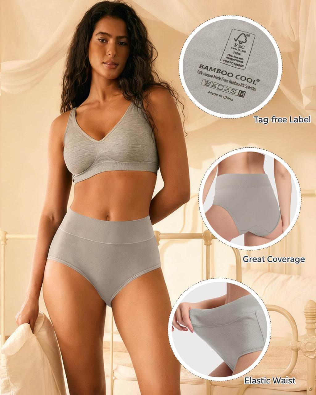 BAMBOO COOL Women's Underwear High Waisted Briefs Full Coverage Soft and Breathable Panties, 5-Pack