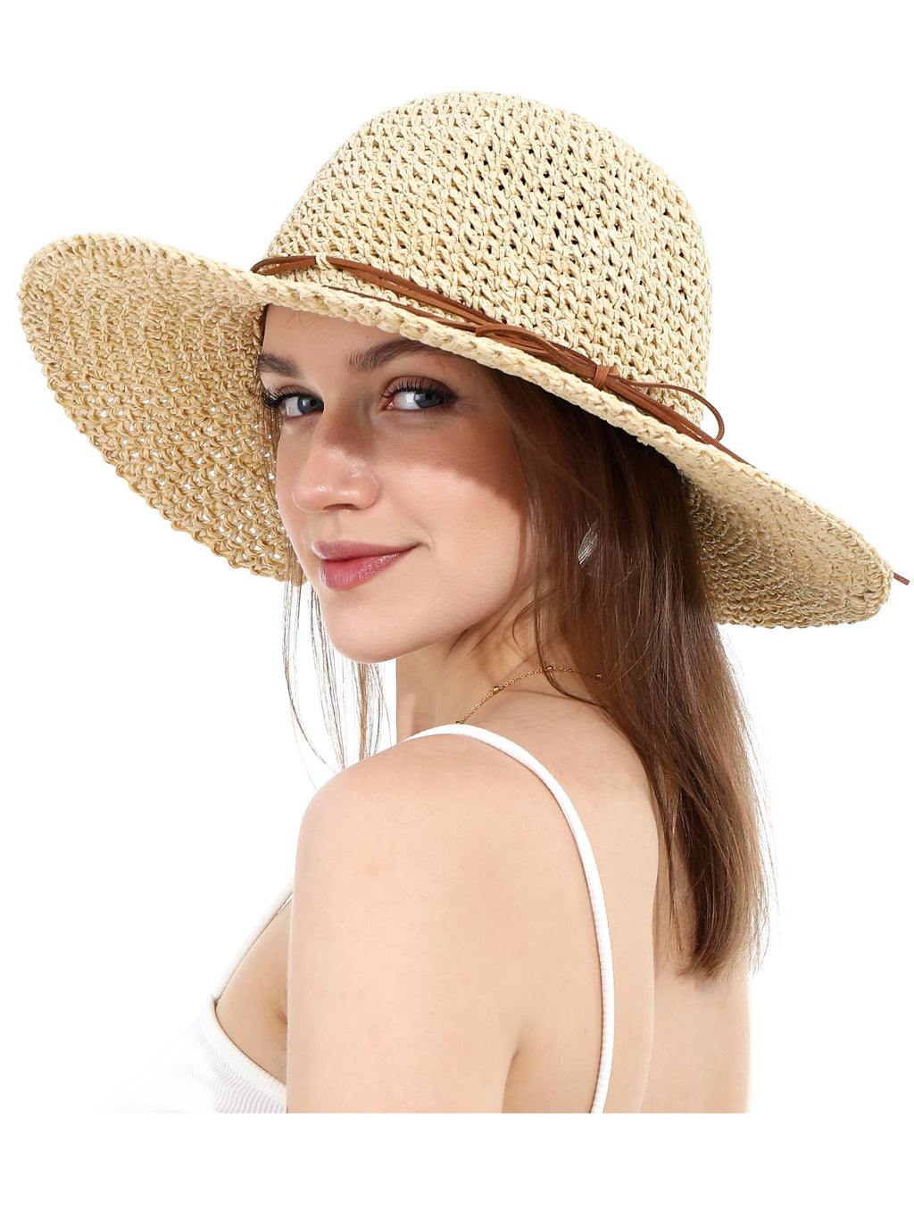 LA CARRIE Women Sun Hats Floppy Foldable Wide Brim UV UPF 50+ Straw Hat with Bow for Summer Beach(Beige)
